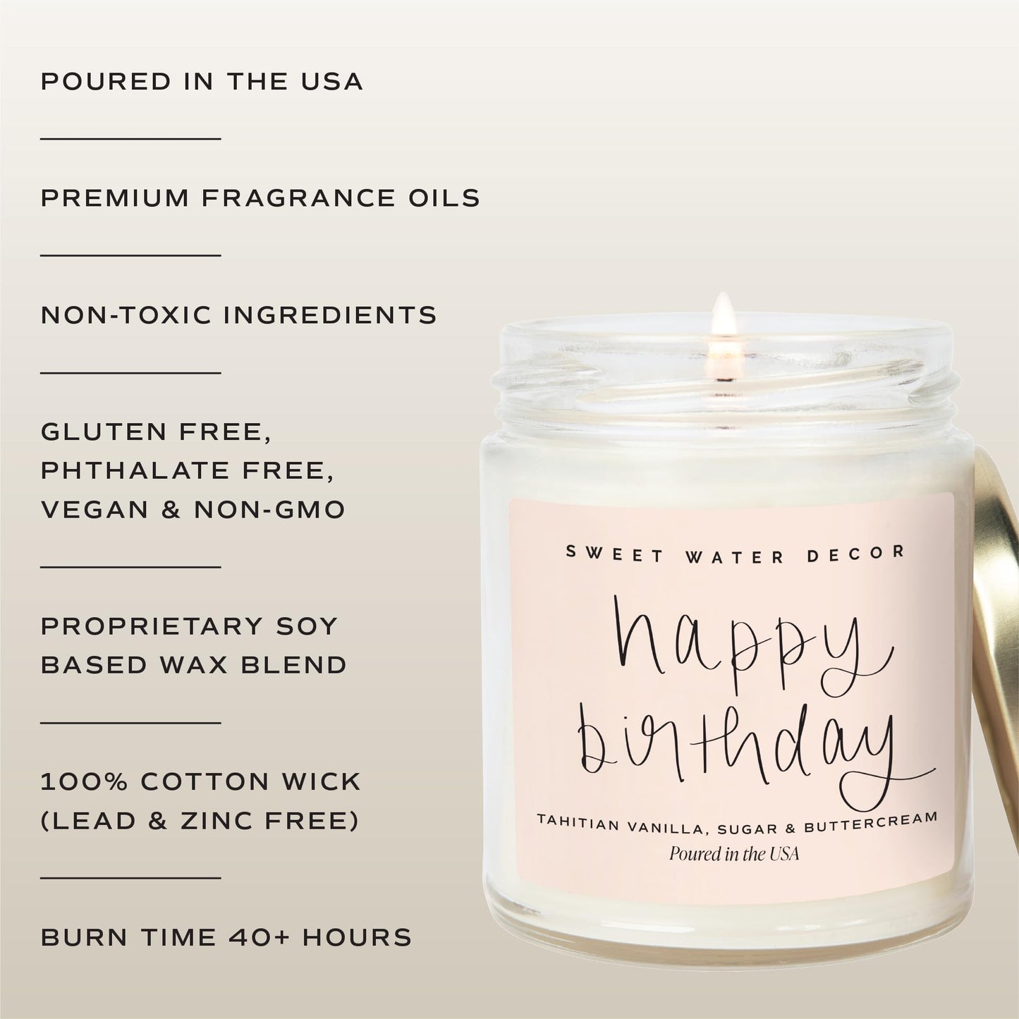 Sweet Water Decor Happy Birthday Soy Candle - Vanilla Sugar & Buttercream Sweet Scented Happy Birthday Candle Gift for Mom, Friends & Girls - 40 Hour Burn Time - 9oz - Non Toxic