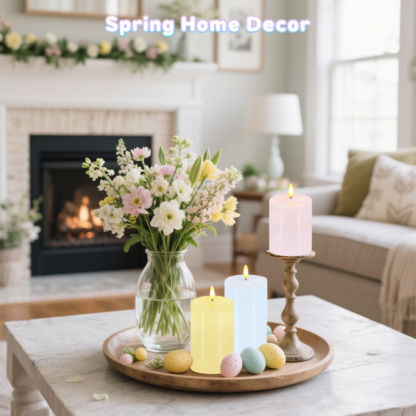 Pastel Flameless Candles, Set of 3 Flickering Easter LED Candles with Remote & Timer, Dimmable Real Wax Electric Pillar Candles Battery Operated, Spring Candles Light for Home Spring Easter Decor