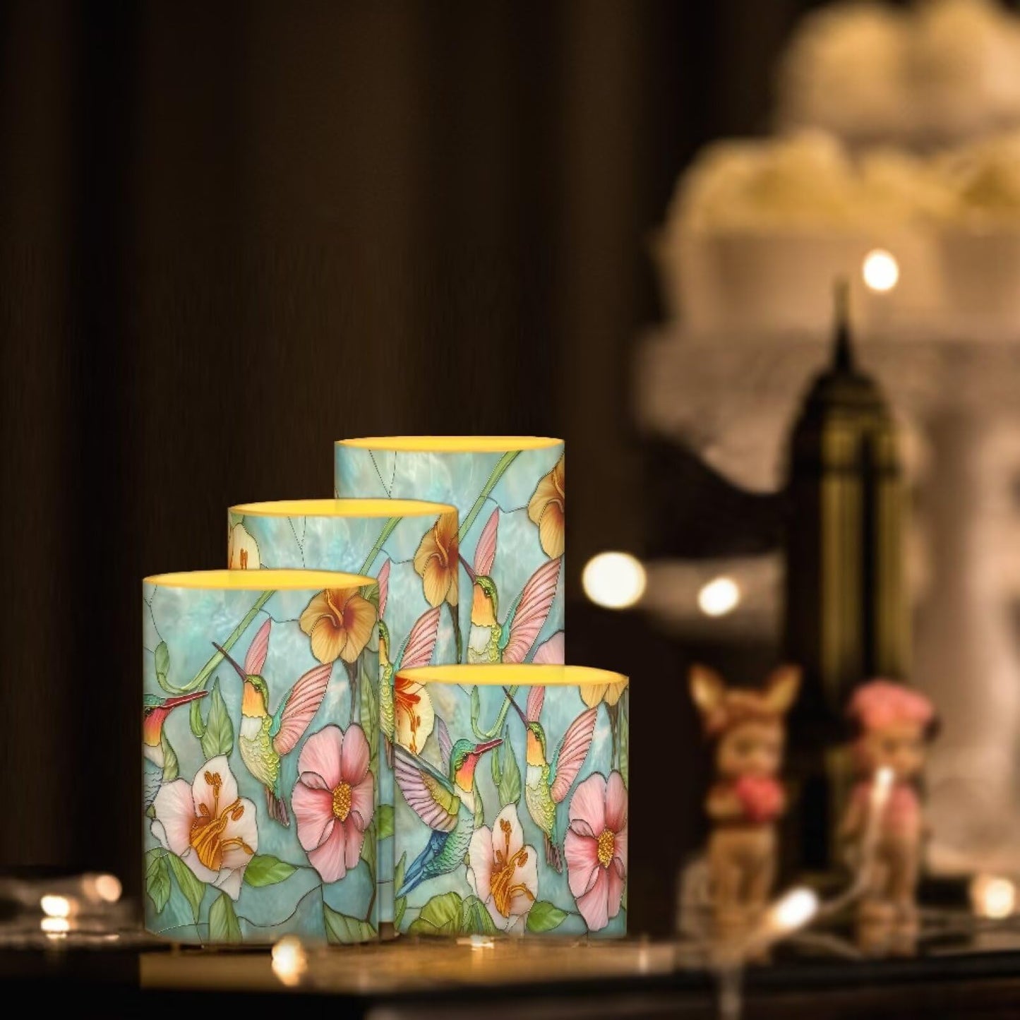 Cozeyat Floral Hummingbird LED Candles Set of 4 Battery Powered Flameless with Remote Timer Flickering Waterproof for Wedding Birthday Valentine Home Table