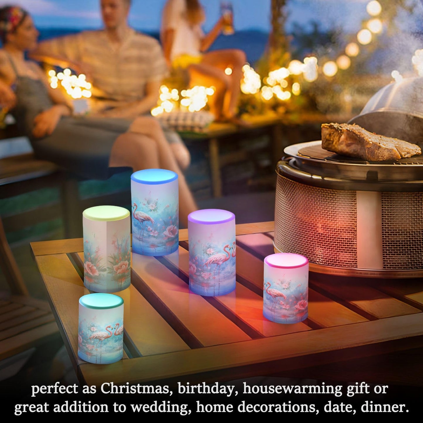 ALAZA Pink Flamingos with Flowers Flickering Flameless Candles Battery Operated with Remote Timer,Tea Light Candles LED Pillar Votive Candles Set of 2 for Outdoor Indoor Decorations