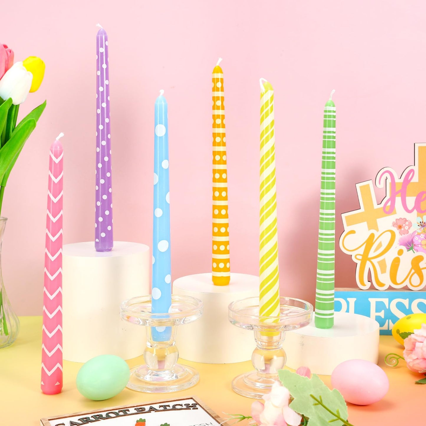 JarThenaAMCS 12Pcs Easter Dripless Taper Candles 10 Inch Long Unscented Candle Sticks Pastel Polka Dot Stripe Wavy Candle for Spring Wedding Anniversary Birthday Party Table Decoration