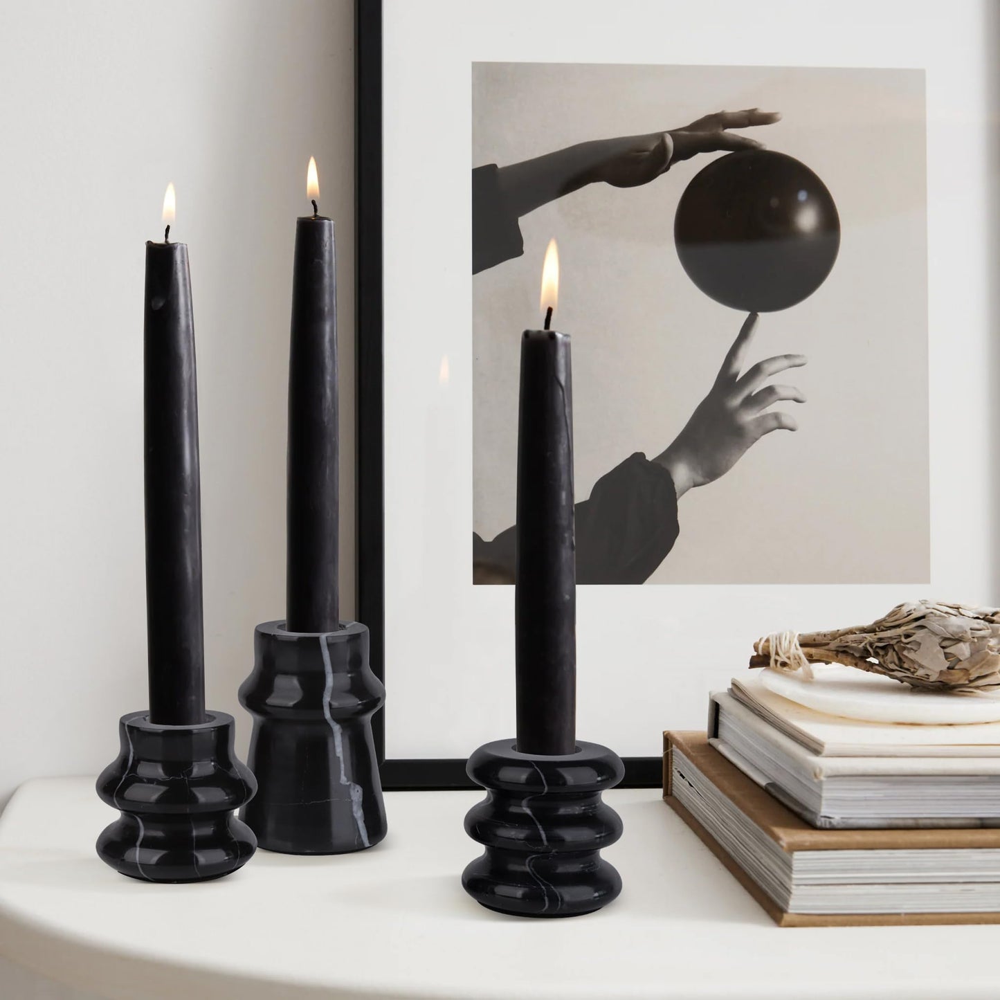 Vixdonos Marble Candle Holder Set of 3 Taper Candle Candlestick Mantle Candle Stand for Home Decor,Wedding,Party and Table Centerpieces(Black)
