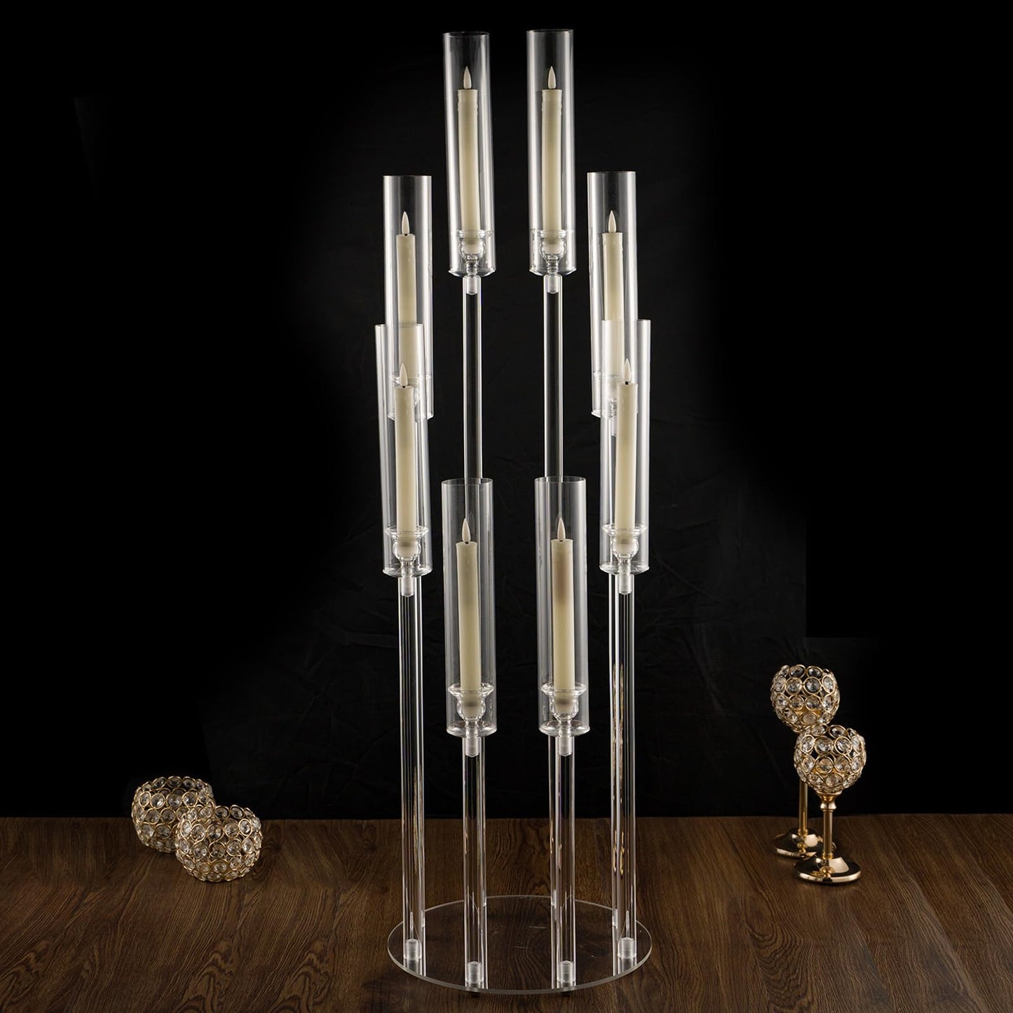 VINCIGANT 8 Arms Clear Candlesticks Holder for Wedding Decorations,Tall Arcylic Candelabra Candle Holder with Shade for Valentines Day Events Party Table Centerpiece,Fit LED Candles