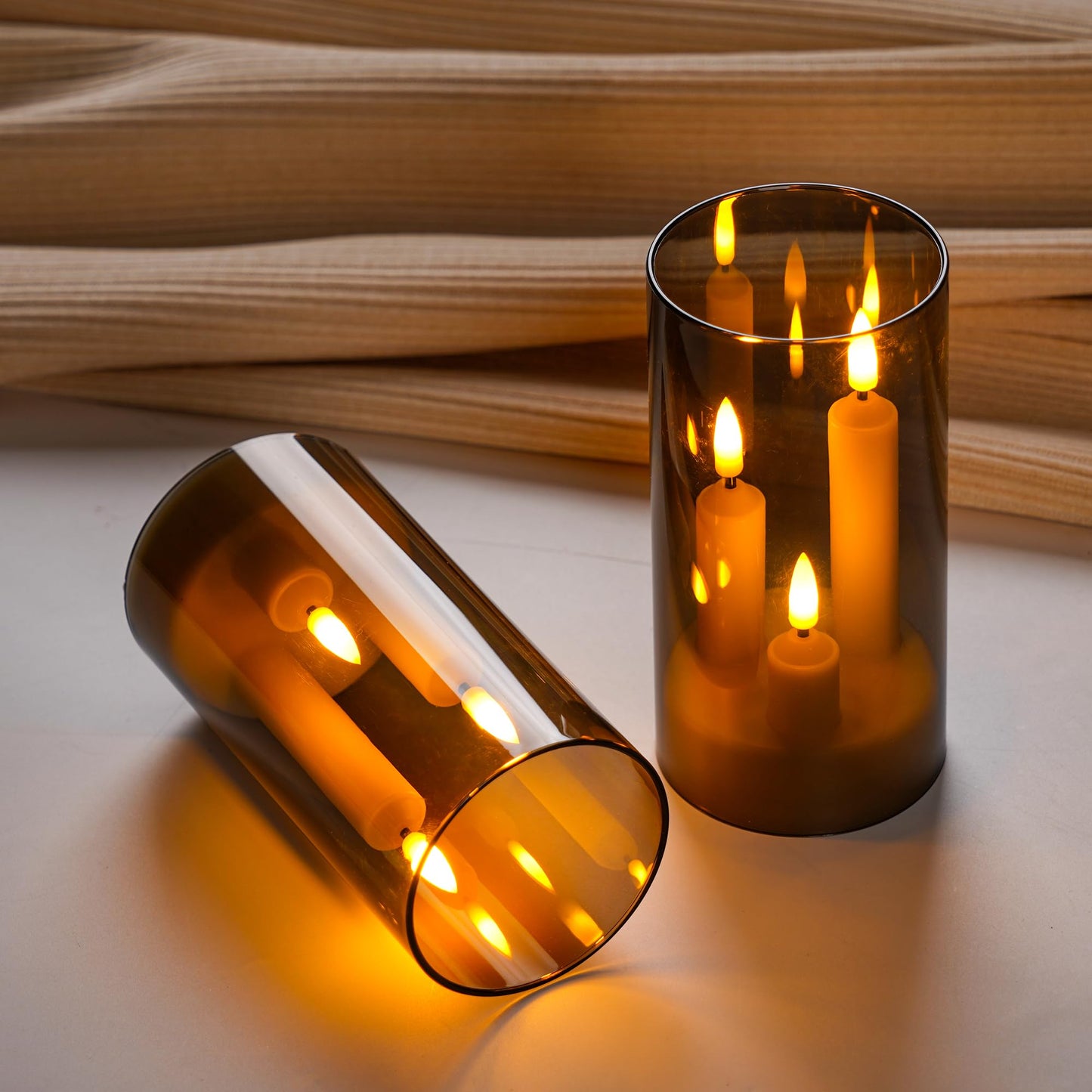2 Pack 3D Wick Flameless Taper Candles, Gray Transparent Acrylic Cover LED Flickering Candle Lights, Remote Control Battery Operated Electric Candles for Home Wedding Christmas Party Table Decor.