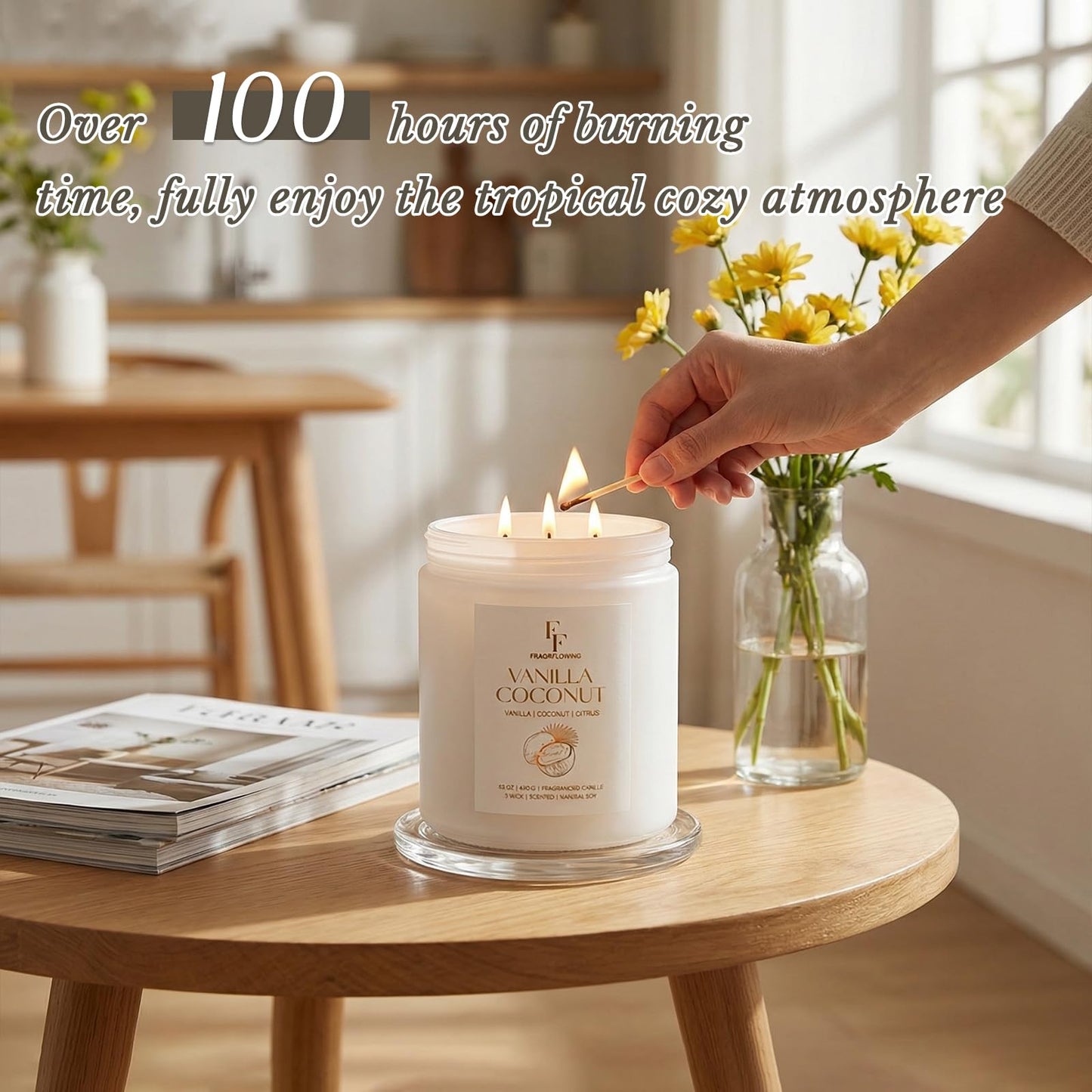 Vanilla Coconut Large Scented Candle, 3-Wick 22oz Long Lasting Scented Candle, Natural Soy Wax Aromatherapy Candle for Home, Candle Gifts for Women Men