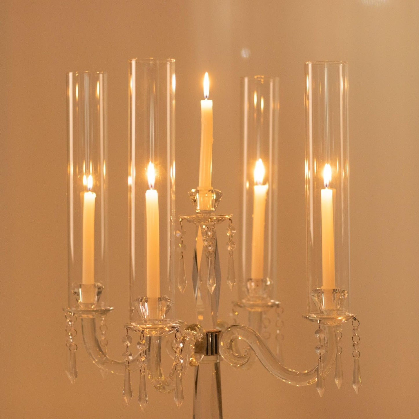 Efavormart Crystal 4-Arm Candelabra Taper Candle Holder with Hurricane Glass Shades – Table Centerpiece with Pedestal Base & Hanging Crystal Accents - 38" Tall