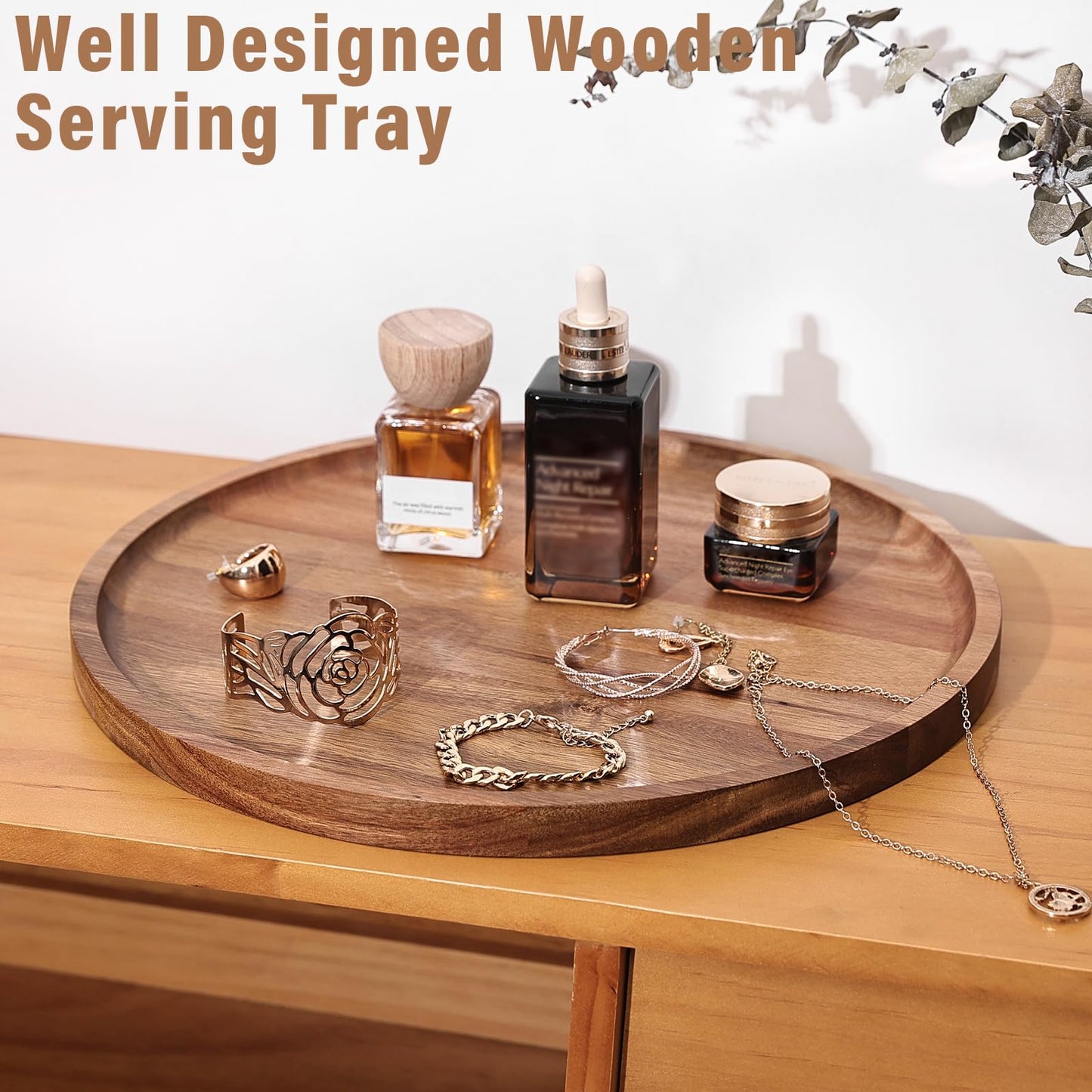 Round Wooden Serving Tray, 13.8 Inch Acacia Decorative Tray for Home Decor, Coffee Table, Farmhouse Style Wood Tray for Small Candle, Vases, Jewelry Organizer, Home Kitchen Dining Tabletop Decor
