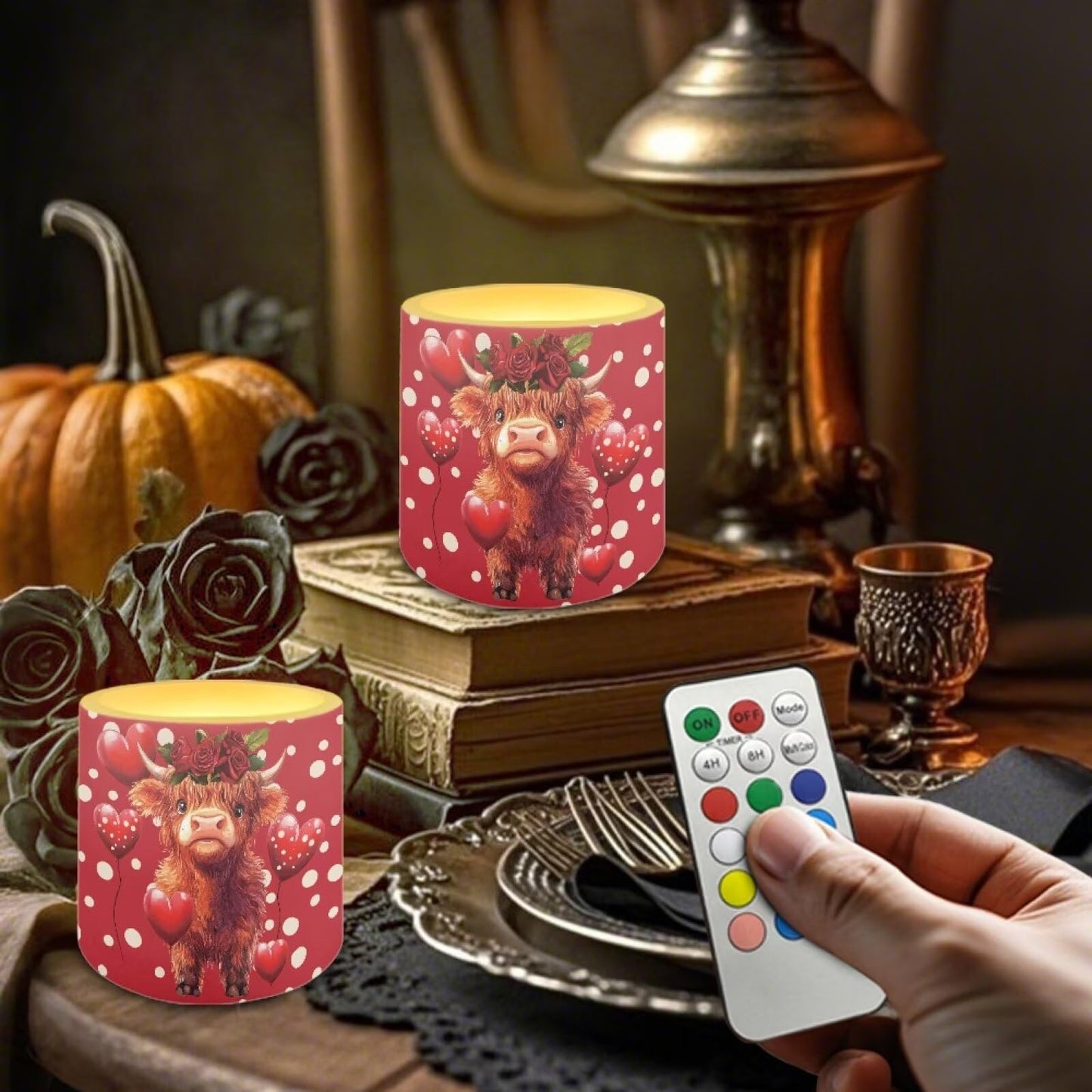 Merkmak 4 Pack Flameless Candles with Remote Battery Operated Pillar Candles with Timer Highland Cow Heart LED Elictric Tealights for Valentines Day Dining Table Decorations