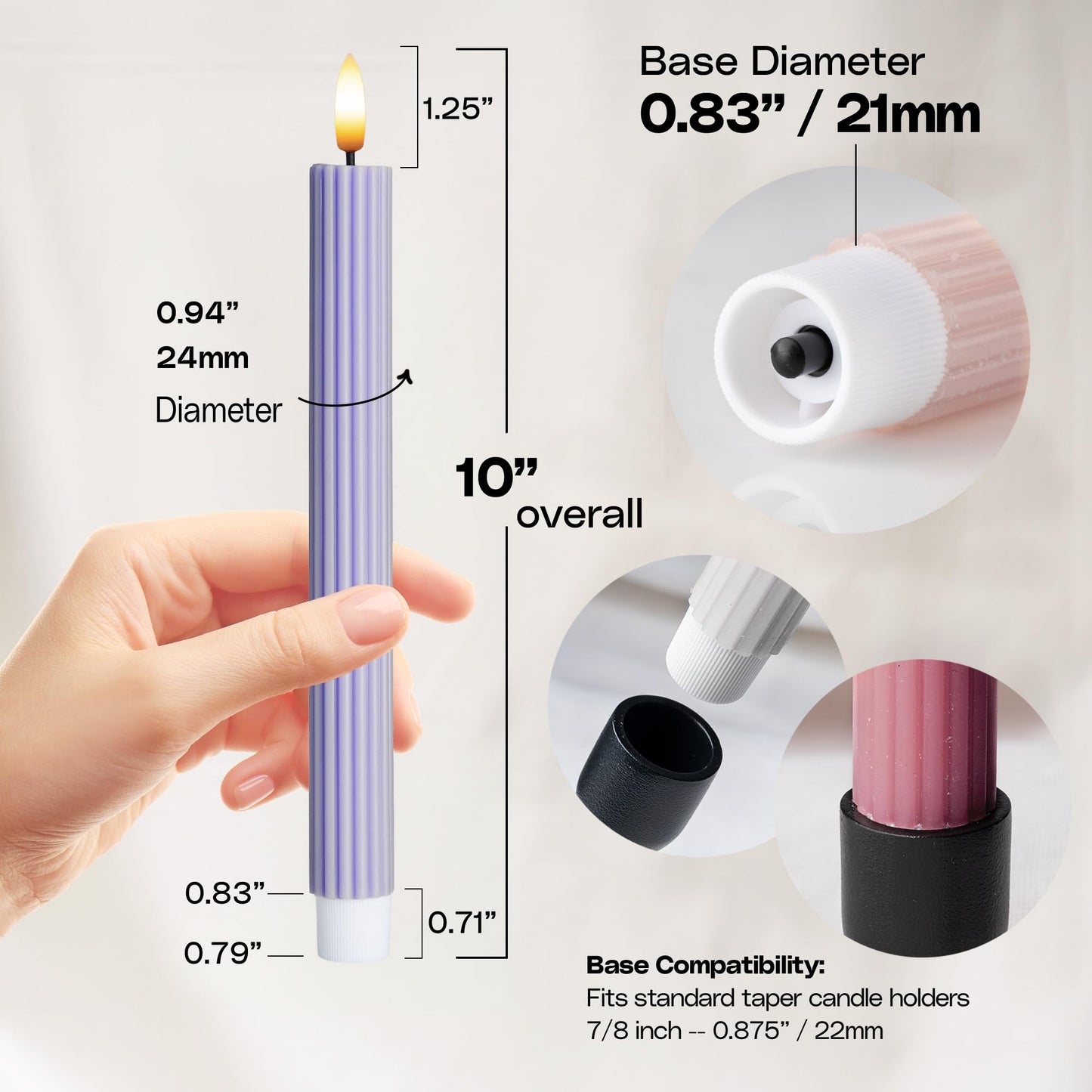 WYZworks Coordinated Dusty Mauve Pinkish Lilac 4 Pack, 10" Real Wax LED Flameless Fluted Ribbed Grooved Taper Candles, Remote & Timer Memory, On/Off Button, Dimmable, Battery Operated, Menorah Wedding