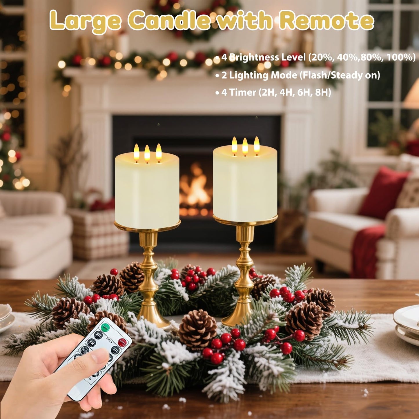 3 Wick Flameless Candles Set of 2, 4"x4" Flickering Large Flameless Candles with Remote & Timer, Dimmable Real Wax Electric Pillar Candles Battery Operated, LED Candles for Home Wedding Xmas Decor