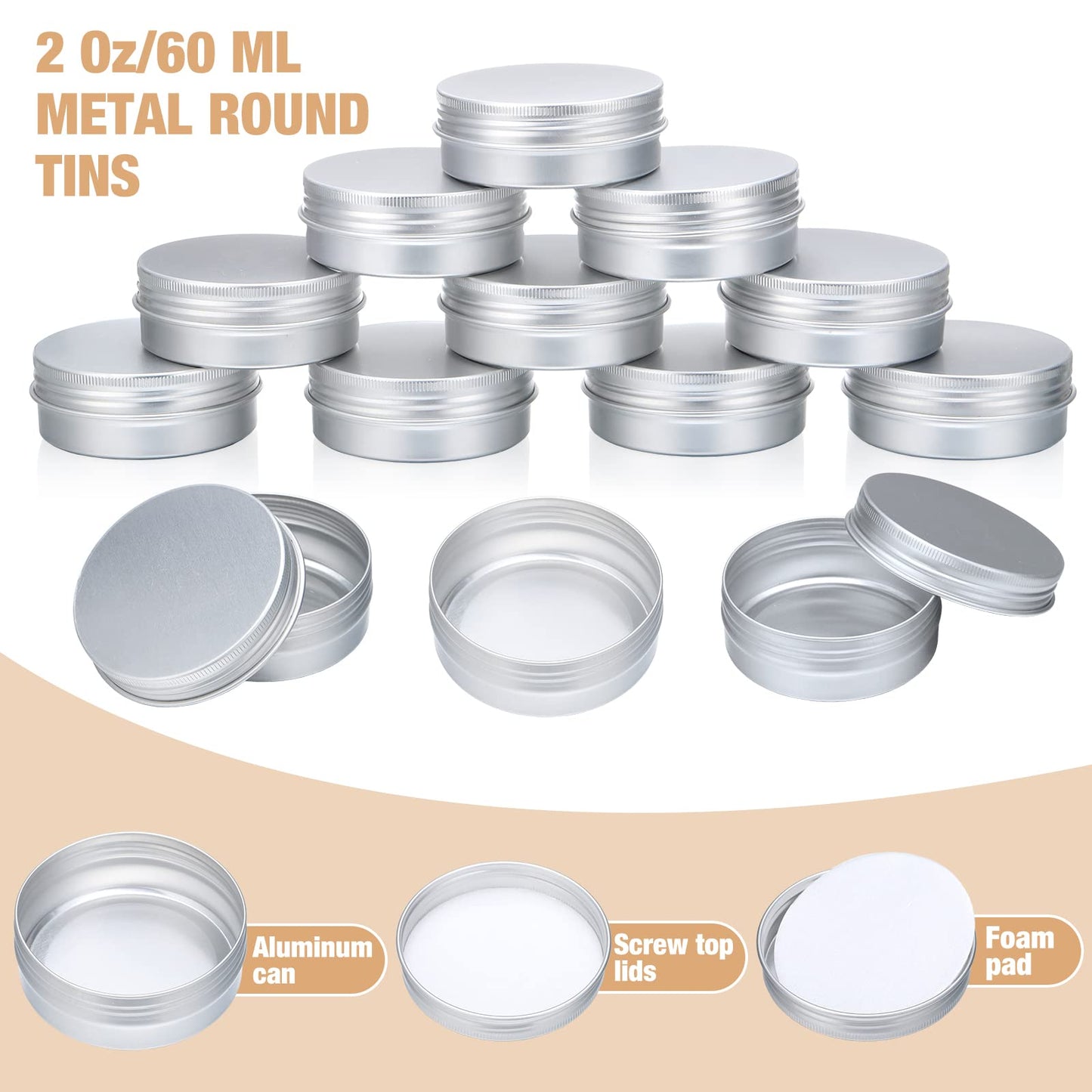 Zubebe 200 Pack Metal Tins with Lids Bulk Screw Top Aluminum Tin Containers Round Tin Cans for Cosmetic Lip Balm DIY Salves Candles Wax with 5 Markers 10 Sheets Label Stickers (Silver,2 oz)