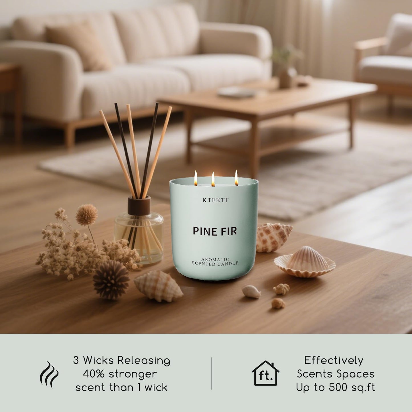 Pine Fir Scented Candle for Home - 3-Wick 14.1oz 80-Hour Long Burning, Non-Toxic Soy Wax Candles - Aromatherapy Candle for Positive & Relaxation, Crisp Woody Forest Scent for Home Decor