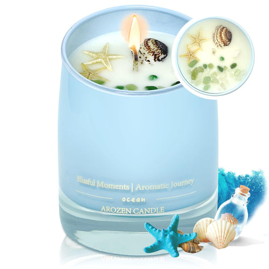 AROZEN Ocean Scented Candles Gift for Women-10oz Aromatherapy Sea Beach Soy Candles for Home Scented with Healing Crystal inside-55H Burn Gifts for Valentine's Day, Birthday, Women, Mother's Day