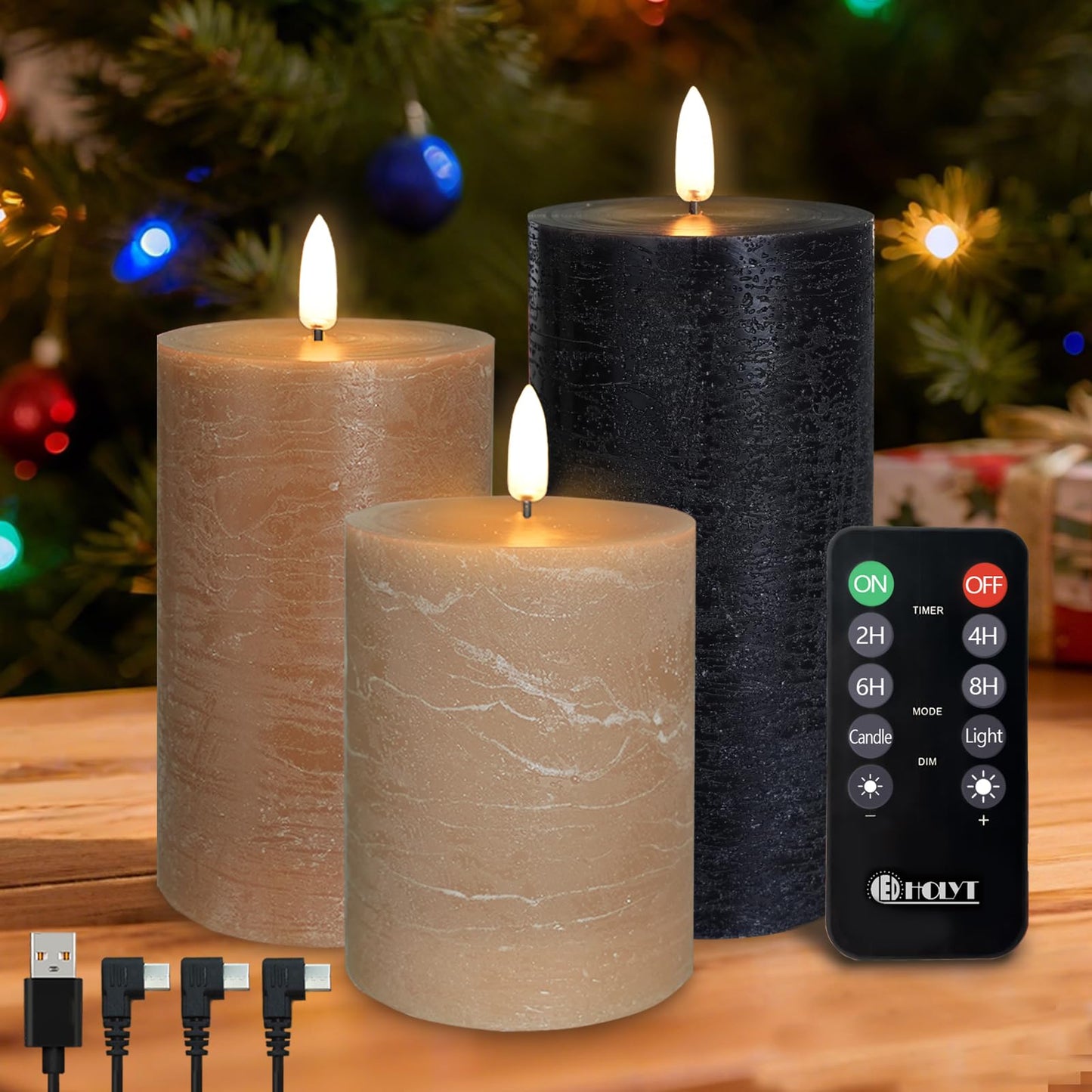 LEDHOLYT Rechargeable Flameless LED Pillar Candles–Luminous Real Wax Indoor Home Decor–Set of 3, Realistic Flickering LED Flame,Remote & Timer, USB-Rechargeable（Caramel Beige）