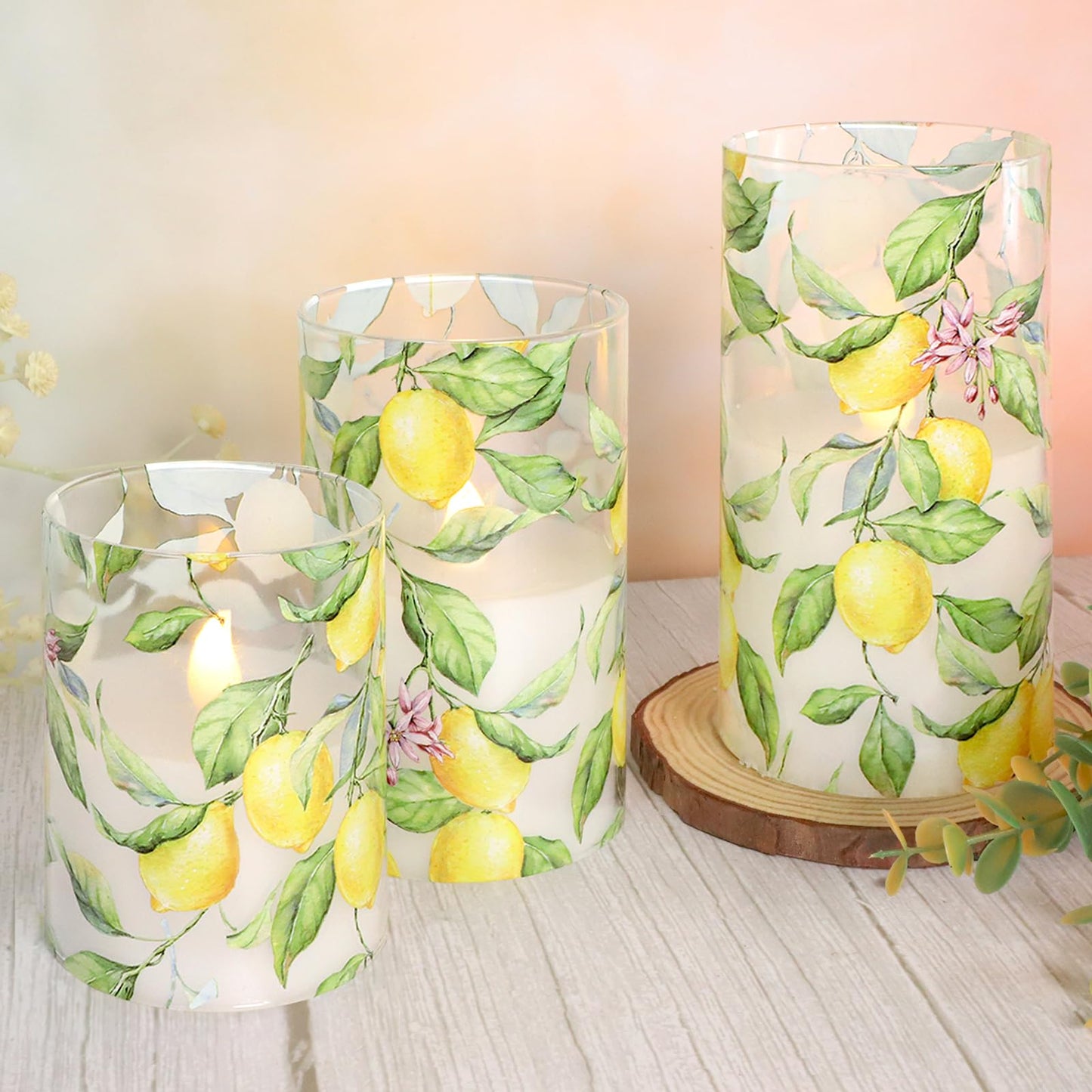 FLAVCHARM Lemon Glass Flameless Candles with Remote Timer Battery Operated LED Flicker Real Wax Pillar Candles Spring Summer Lemonade Party Kitchen Table Dinner Christmas Holiday Decor D3 x H4, 5", 6"