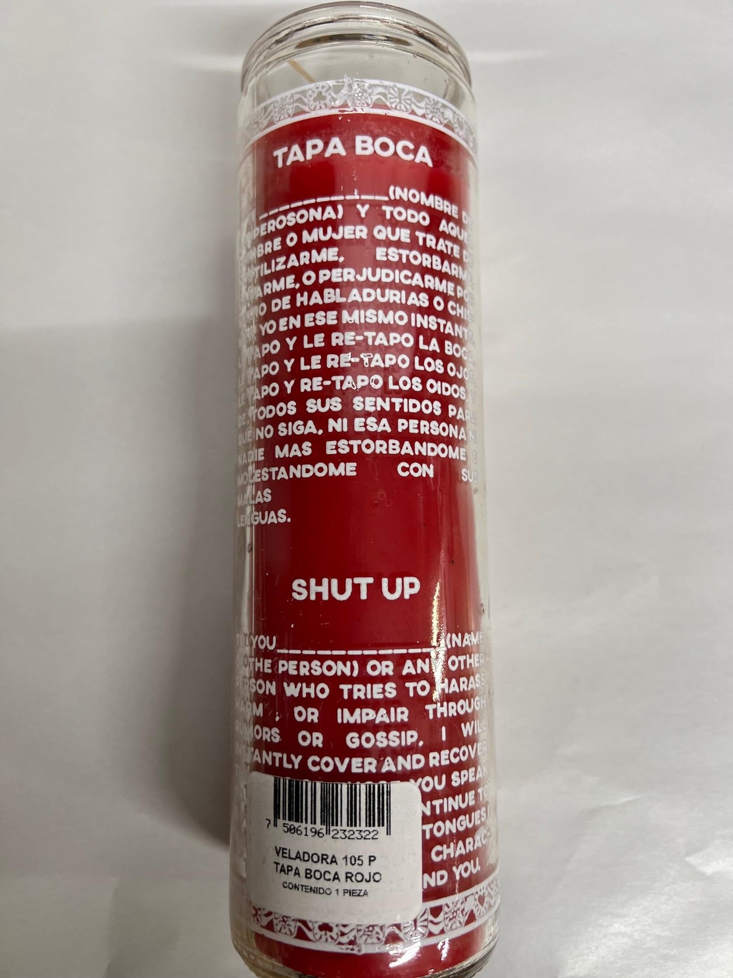Shut Up (Tapa Boca) 1 Color Unscented Red Pillar Candle in Glass