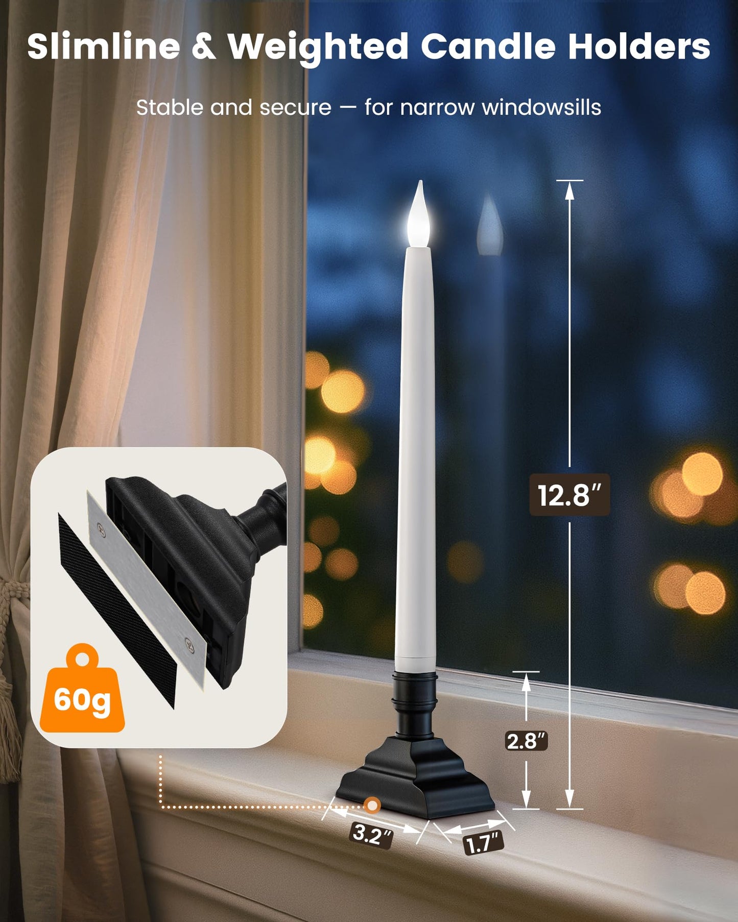 SURAIELEC 10.5'' Battery Window Candles with Dusk-to-Dawn, Christmas Taper Window Candle, 5000K Clear White LED Candle, 1.7‘’ Narrow Base, Matte Black, 4 Pack (Rechargeable Battery Not Compatible)