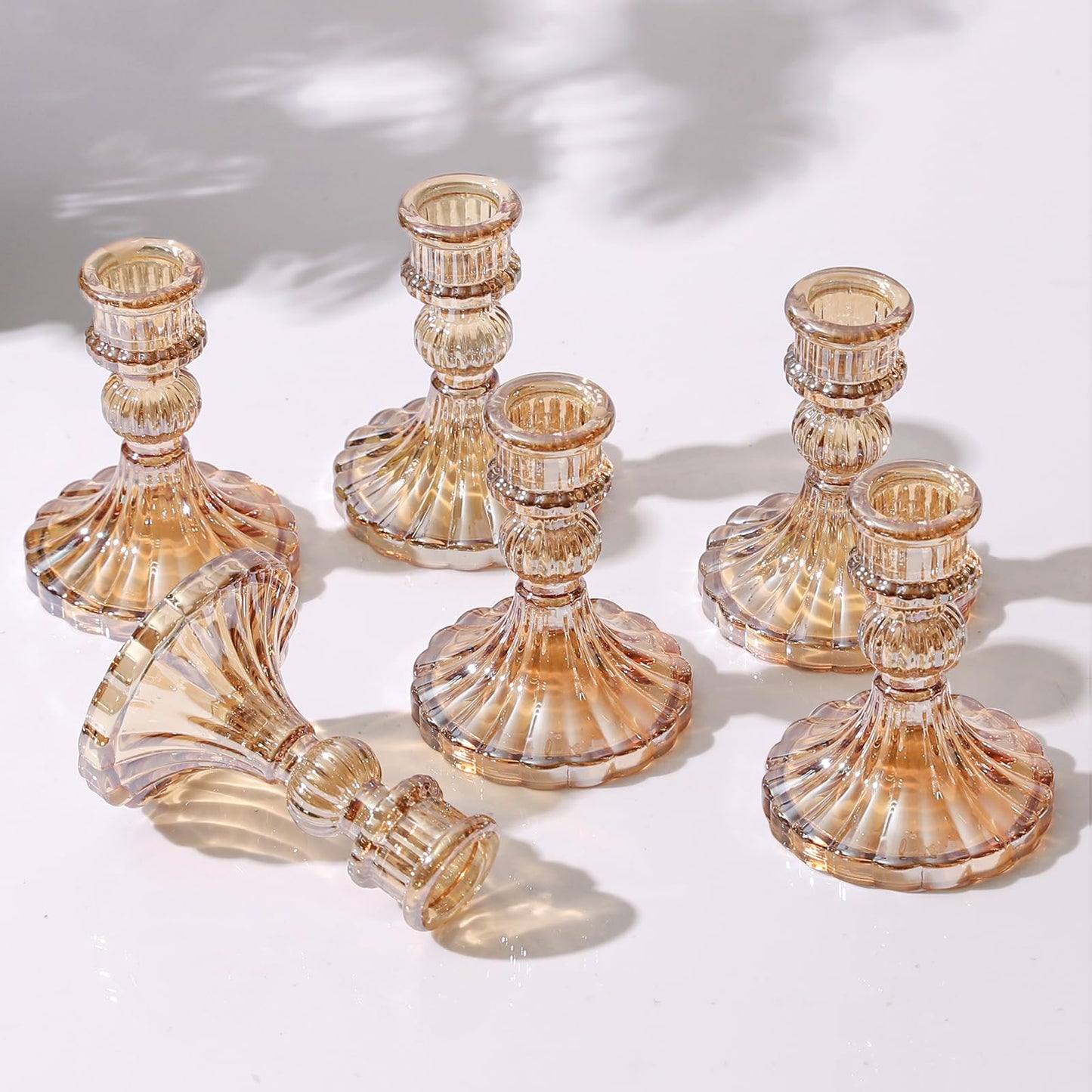 6 Pcs Golden Glass Taper Candle Holders – 4" Ribbed Candlestick Holders for Standard Candles | Elegant Centerpiece for Wedding, Party, Holiday & Home Decor