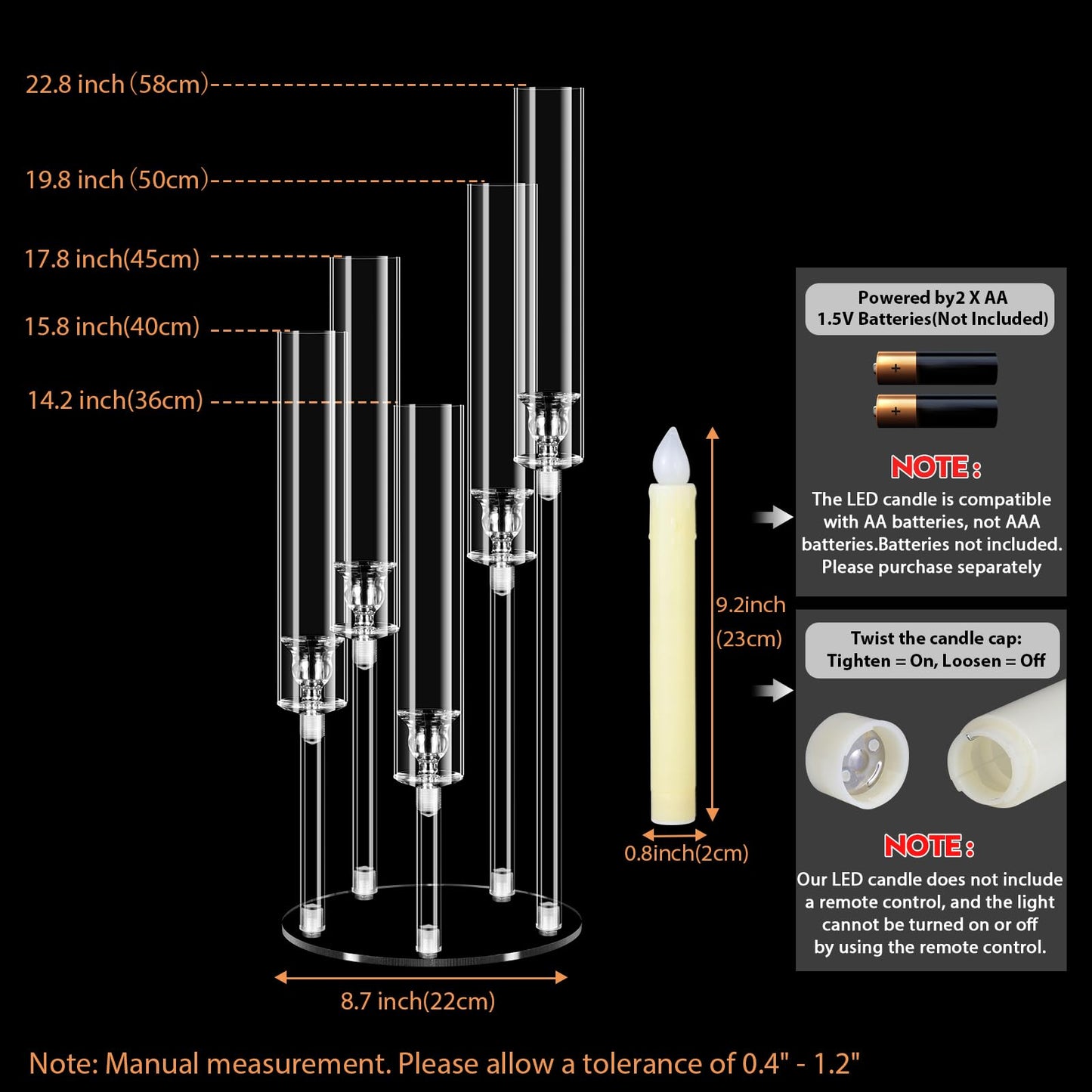 Cheloment 6 Sets 5 Arms Acrylic Candelabra Centerpieces for Tables, 23" Clear Candle Holder for Wedding Dinner Party and Home Decor,Candlesticks Holder with LED Candles