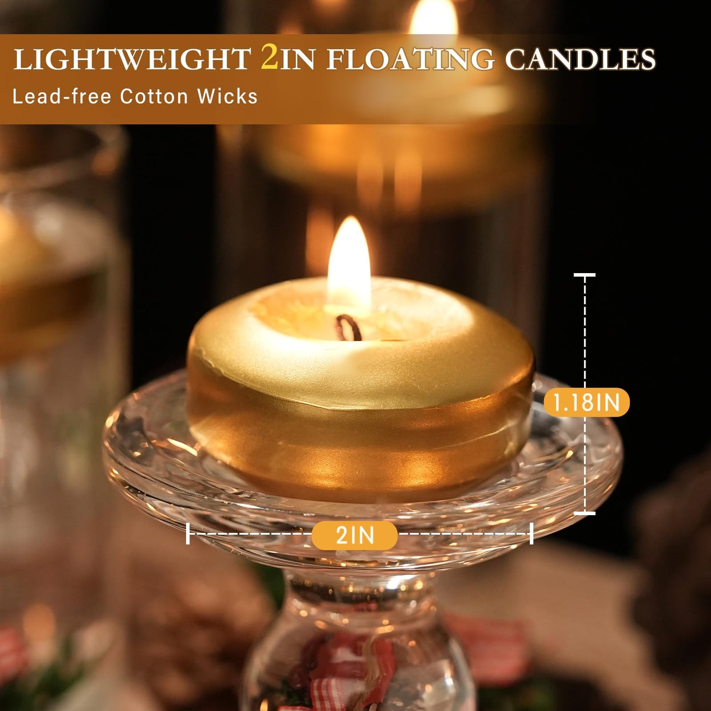 GINITIRI 2 inch Gold Floating Candles, 48 Pack Unscented Floating Candles for Centerpieces,5-6 Hours Water Activated Candle Bulk for Cylinder Vases Wedding Pool