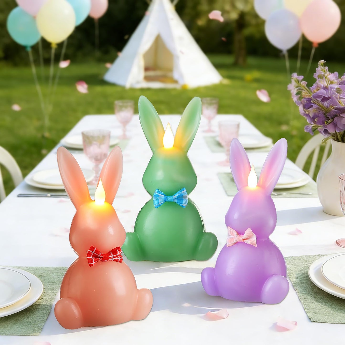 LCZLUMIPRO 3PCS Easter Bunny Flameless Candles, LED Easter Candles Battery Operated Rabbit-Shaped Real Wax Pink Purple Green,Spring Party Decoration Centerpiece Table Home Decor (No Remote)