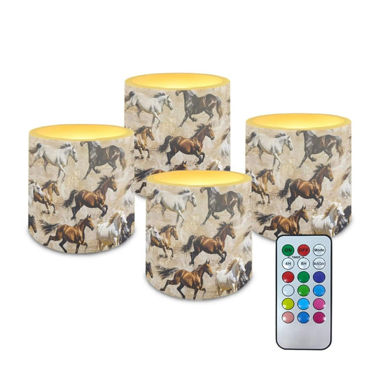 NETILGEN Brown Tribal Horse 4 Packs Decorative Flameless LED Candles Color Changing Battery Operated Flickering LED Pillar Candles with Remote Timer Control