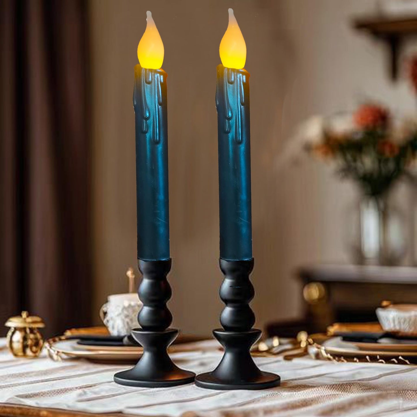 LINCOUNTRY Black Flameless Taper Candles with Timer, Real Wax Set of 2 Battery Operated LED Flickering Candlesticks, 6.75" Halloween Christmas Wedding Fireplace Decor