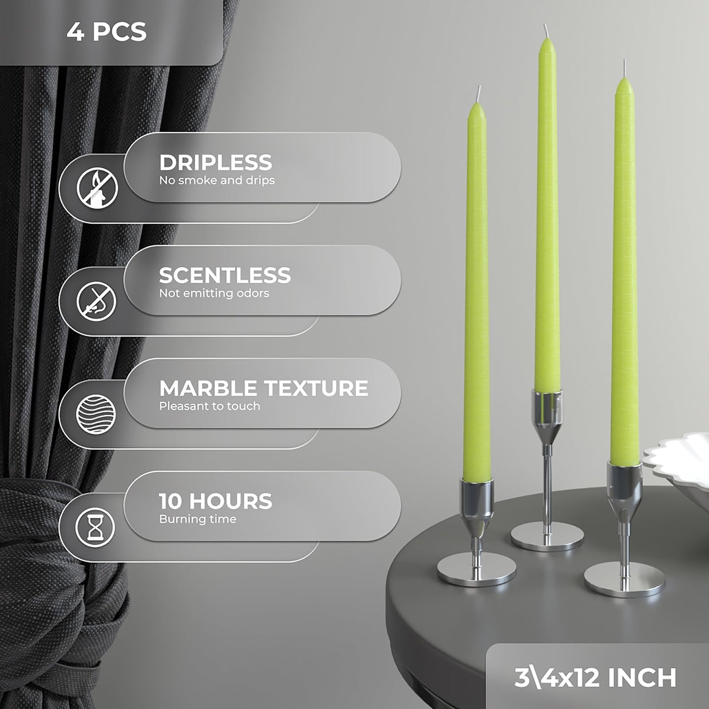 CANDWAX 12 inch Taper Candles Set of 4 - Dripless and Smokeless Candles Unscented - Slow Burning Candle Sticks - Olive Candle Taper
