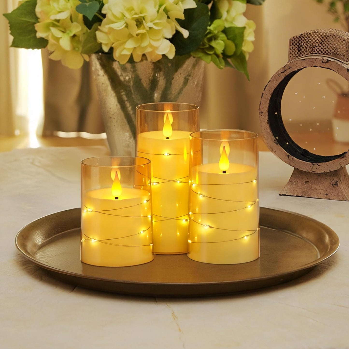 Homemory Flameless Candles with Embedded Star String Fairy Lights, Battery Operated Candles, LED Candle, Fake Candles with Remote Control and Timer, Gold, Set of 3(H 4" 5" 6”)