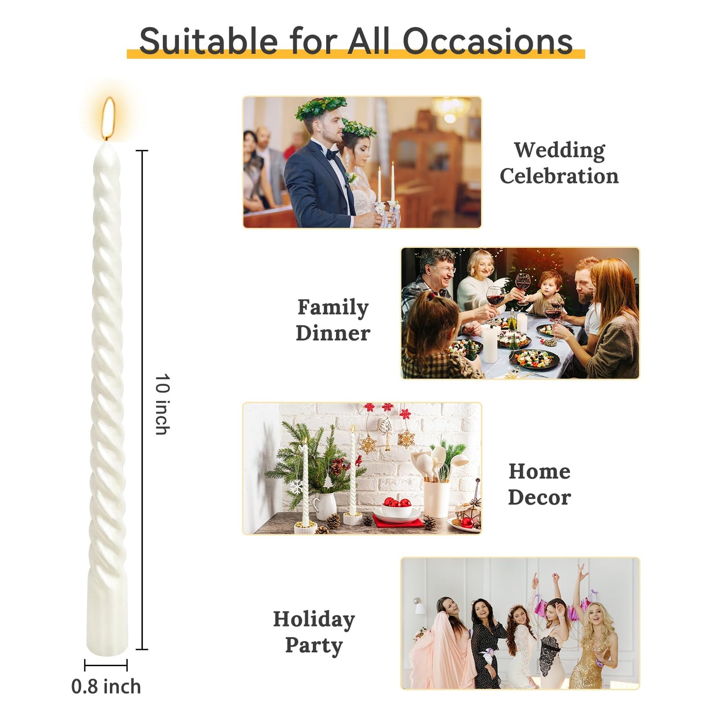 10 Inch Metallic White Spiral Taper Candles Set for Holiday Decor, 12 Pack Unscented Twisted Candlesticks, Dripelss Thin Tapered Candles for Wedding Dinner Party Ceremony Religious