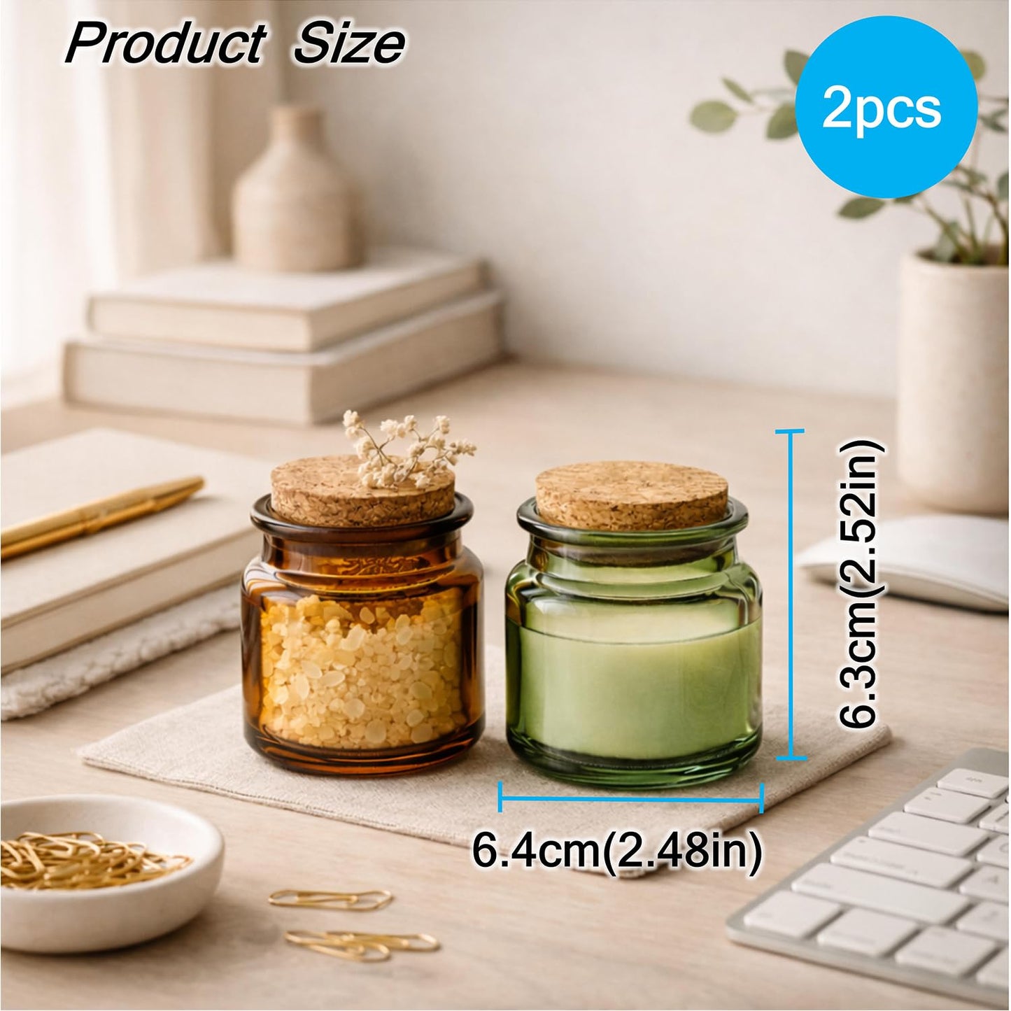 2Packs 100ml Glass Candle Jars with Cork Lids Refillable Aromatherapy Candle Containers Thick Glass Storage Jars for DIY Soy Candles, Crafts, Gifts, Home Fragrance Green & Brown