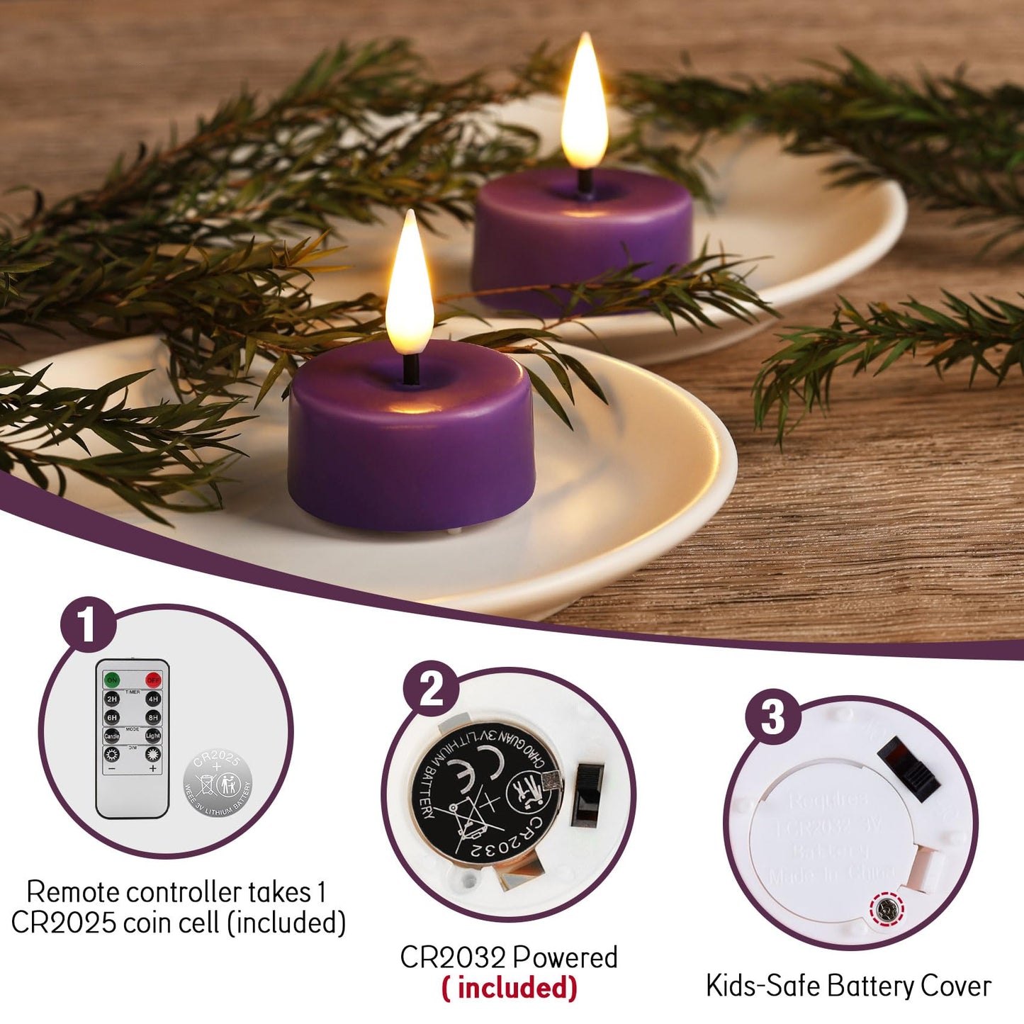Eywamage Purple Flameless Wax Tealights with Remote Batteries, Flickering LED Tea Votive Candles Set of 10