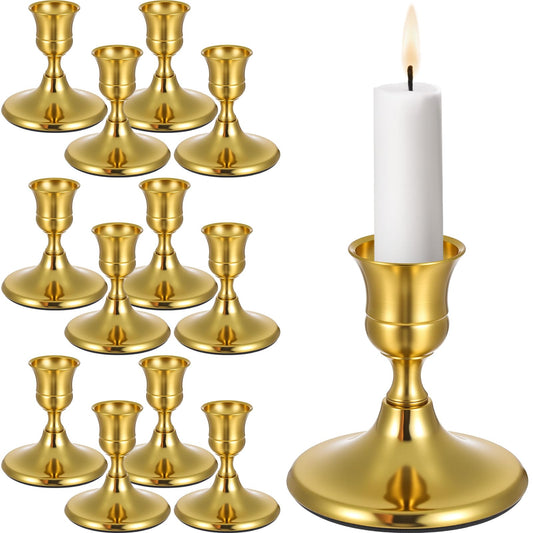 Afcabakila 12PCS Brass Gold Taper Candle Holders Set, Vintage Metal Brass Candlestick Holders for for Dinner Room Table Centerpiece Mantel Wedding Christmas Birthday Party Holiday Dinning Table Decor