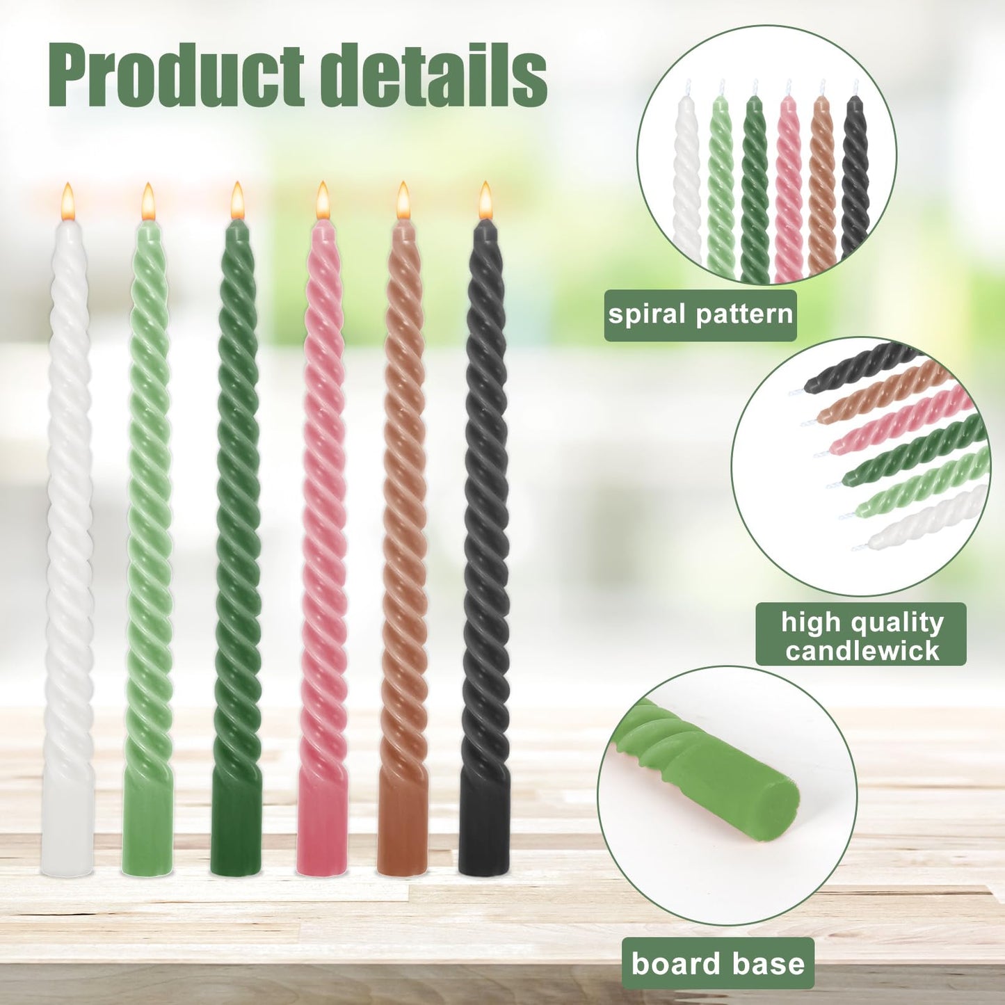Whaline 12 Pcs 10 Inch Boho Spiral Taper Candles 6 Colors Dripless Twisted Wax Candles Long Unscented Candle Sticks for Home Party Dinner Table Supplies