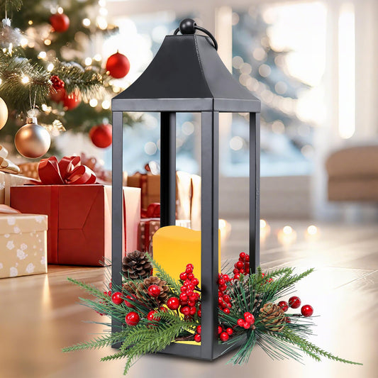Taman Christmas Lantern, 15" Decorative Hanging Candle Lantern Metal Vintage Light Battery Operated for Outdoor Christmas Patio Garden, Table,Party Decor, 1 Pack