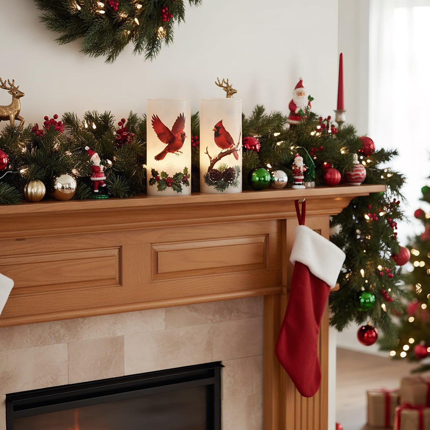 Lasumora Christmas Cardinal Flameless Pillar Candles with Remote Timer, LED Candles in Real Wax Holder, Battery Operated Candle for Christmas Décor Indoor Xmas Gifts(2 Pack, 3” x 6”)