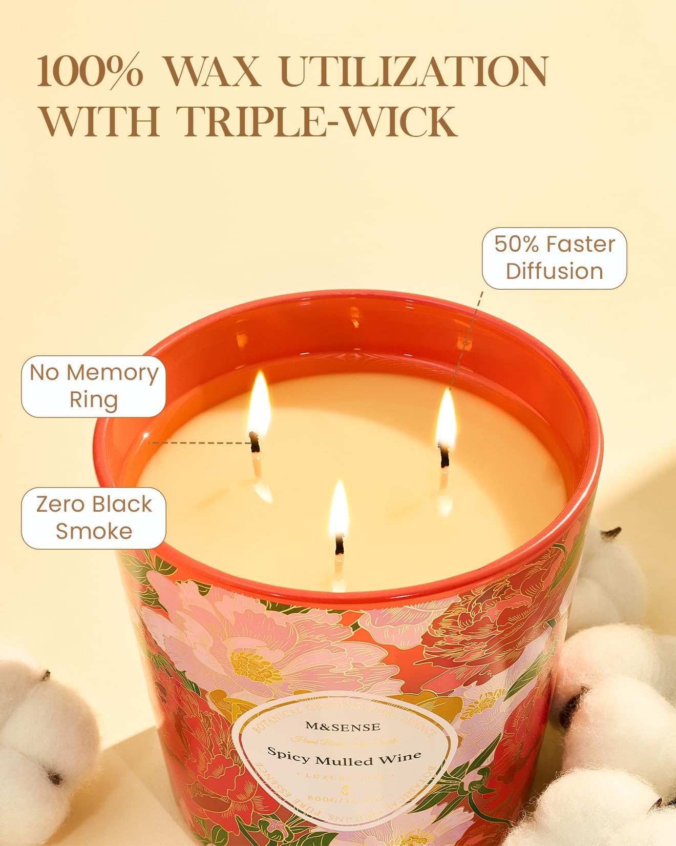 M&SENSE Spicy Mulled Wine Scented Candle, 28.2oz 3 Wick Natural Soy Wax Large Candles, Long Lasting Clean Slow Burning No Toxic Décor for Home Relaxation, Romantic Dates & Gift-Giving