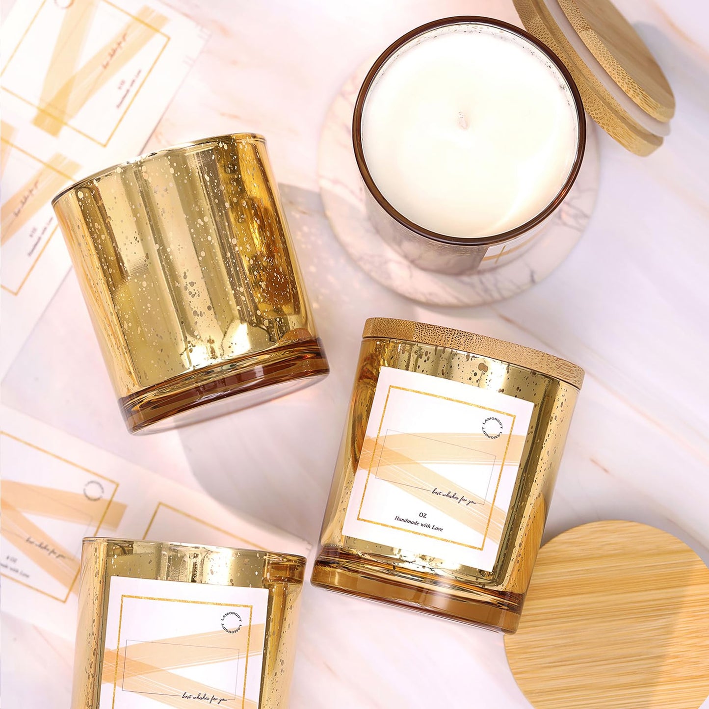 LAMORGIFT 12 Pack Gold Mercury Glass Candle Jars (10oz) with Lids - Candle Makes Accessory Set Including 15 Labels