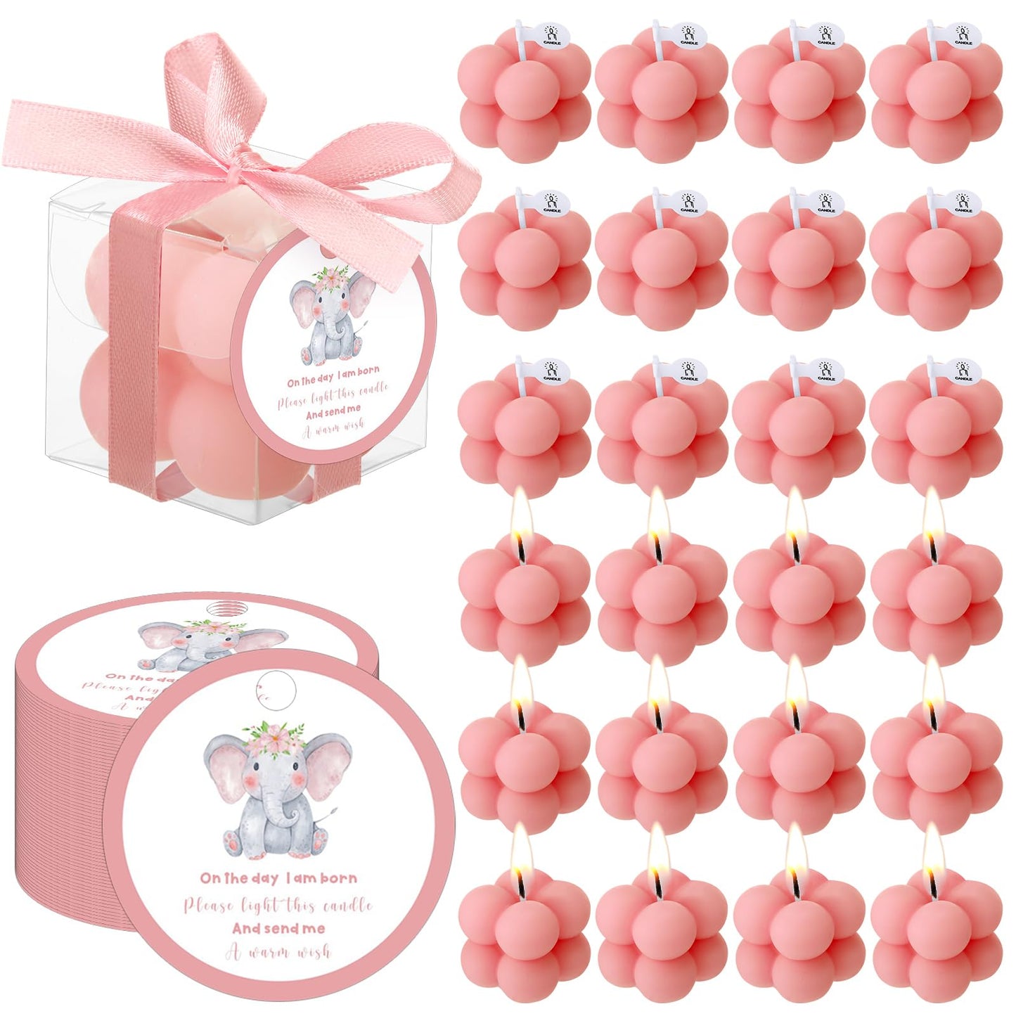 MTLEE 24 Sets Elephant Baby Shower Candle Favors Small Bubble Candle Baby Shower Favors for Guests Tea Candles Bulk with Stylish Ribbons Cards Gifts Party Decoration(Pink,Elephant)
