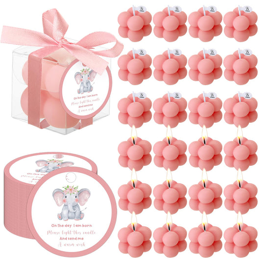 MTLEE 24 Sets Elephant Baby Shower Candle Favors Small Bubble Candle Baby Shower Favors for Guests Tea Candles Bulk with Stylish Ribbons Cards Gifts Party Decoration(Pink,Elephant)