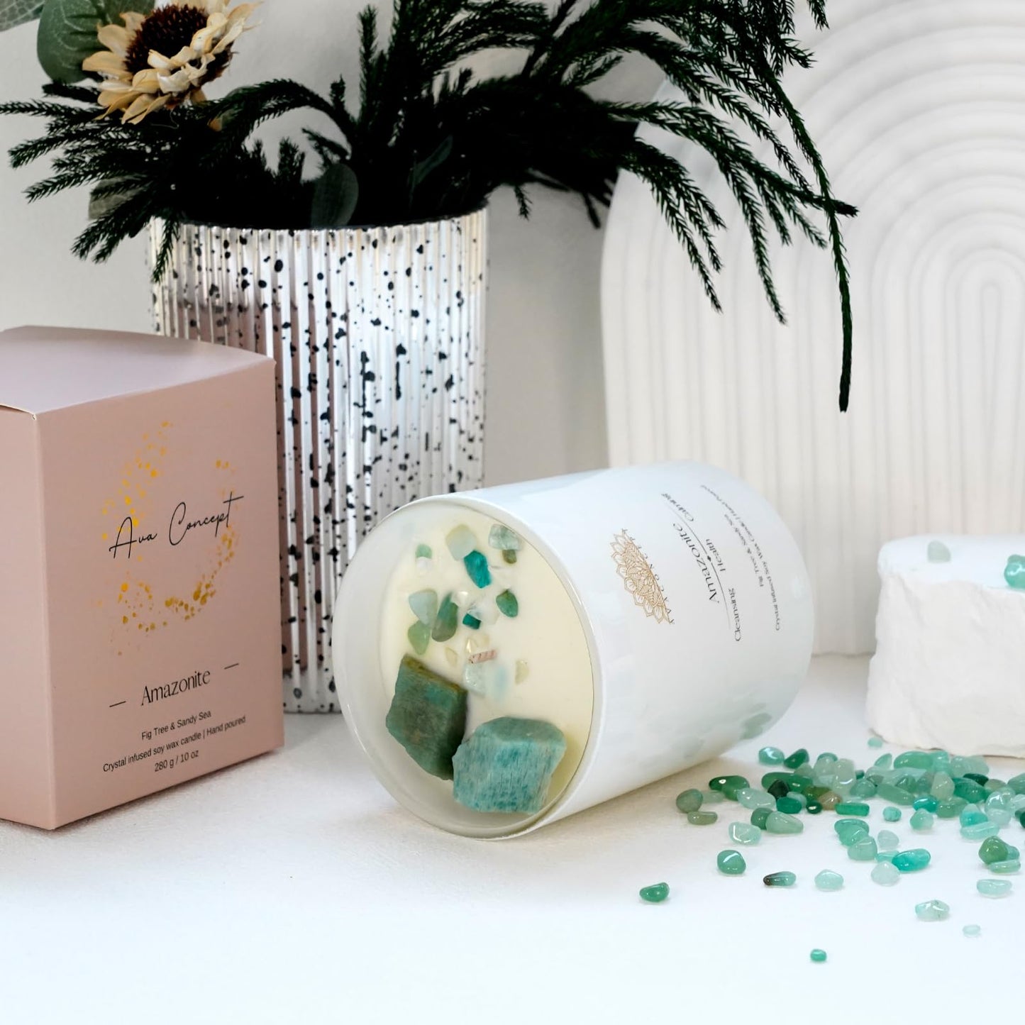 Ava Concept Amazonite Crystal Candle – 10oz / 280g Fig Tree & Sandy Sea Aromatherapy Hand-Poured Soy Wax Genuine Amazonite Healing Crystals Embedded Cleansing, Health & Calming Gift Box Included