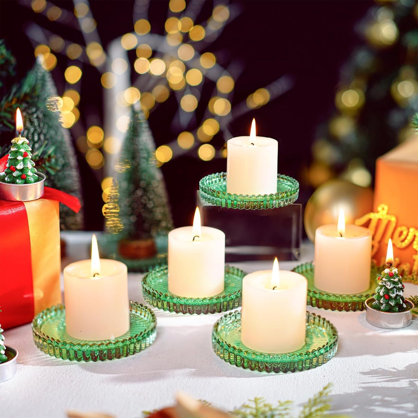 4" Glass Candle Holder,Green Round Crystal Candle Plate,Decorative Glass Pillar Candle Plate,Aromatherapy Candle Pad for Christmas, Birthday, Wedding Table Centerpiece, Set of 6