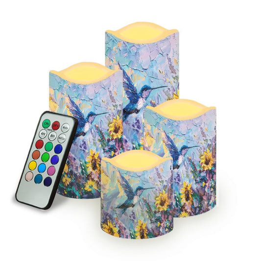 Ystardream Flameless LED Battery Candles Pack of 4 Waterproof Pillar Candles Tealights with 18-Key Timer Remote Colorful Lights for Outdoor Home Decoration Oil Painting Hummingbird