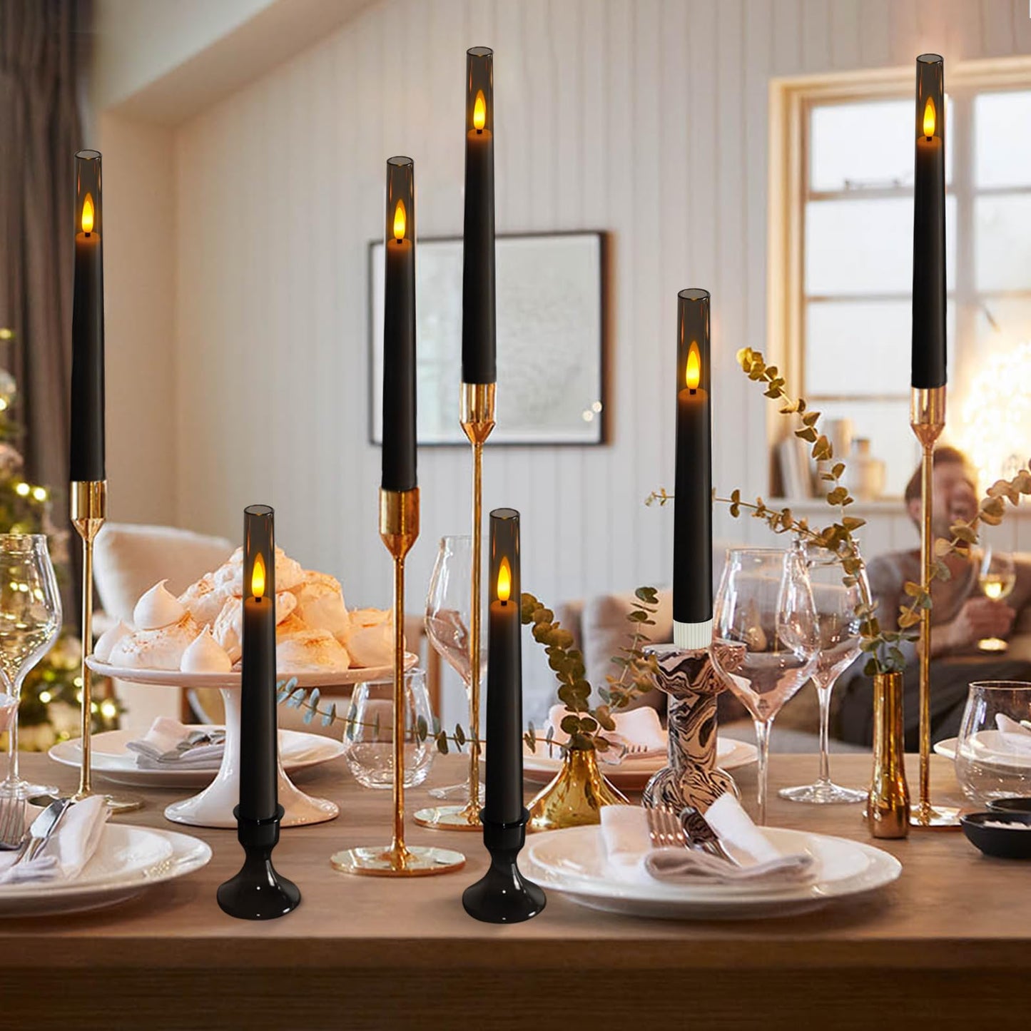 Lezonic Flameless Windows Candles Battery Operated with Timer Remote, 6Pcs Grey Acrylic Flameless Candlesticks with Holders, LED Taper Candles Flickering for Halloween Christmas, 0.8 x 8 inches