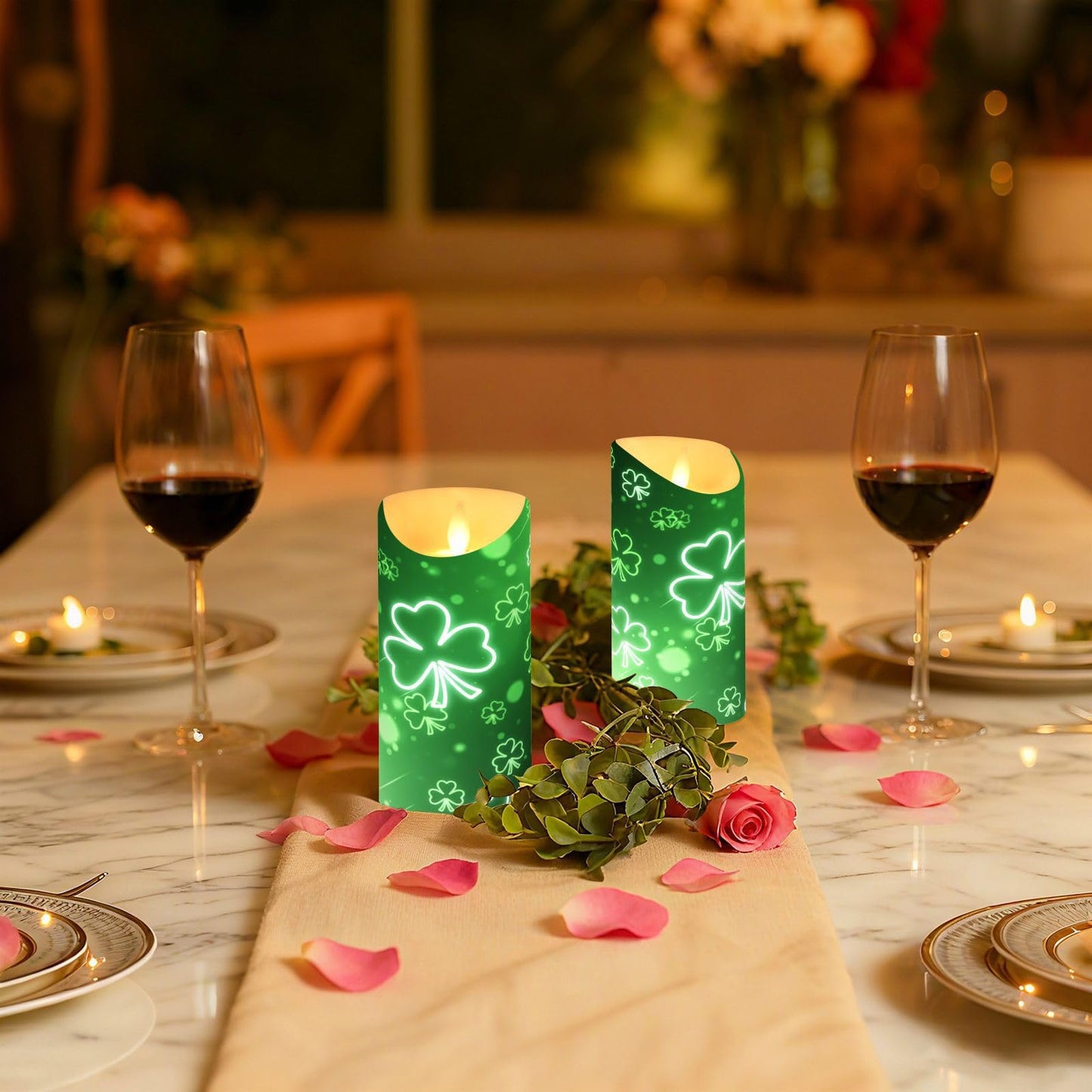 St. Patrick's Day Flameless Candles Set of 2 Green Clover Shamrock G Realistic LED Candles with Remote Battery Operated Holiday Decorations