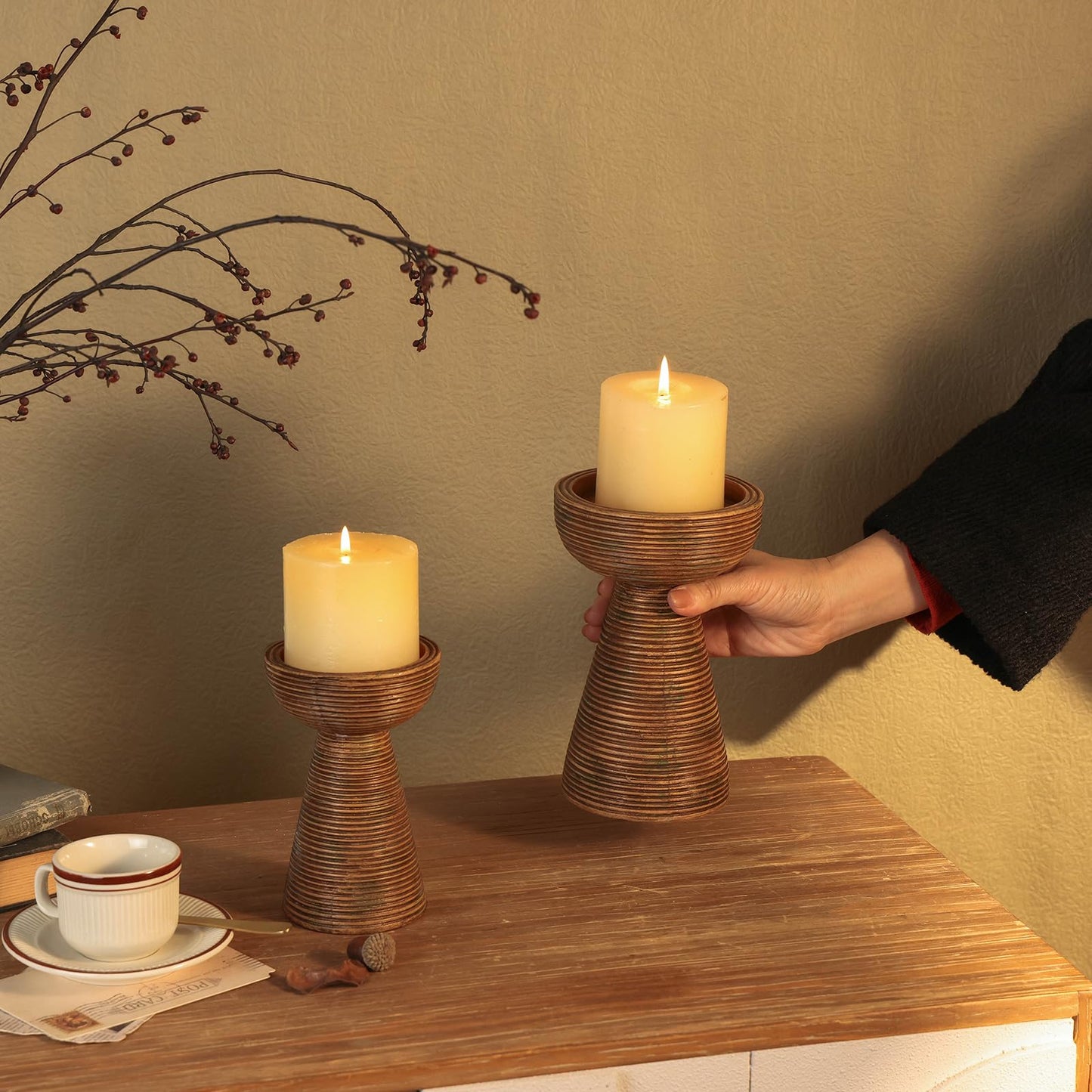 NIKKY HOME Modern Farmhouse Pillar Candle Holders Set of 2, Rustic Resin Candlesticks Pedestal Stand, Fireplace Mantle Table Centerpiece Decor, Brown