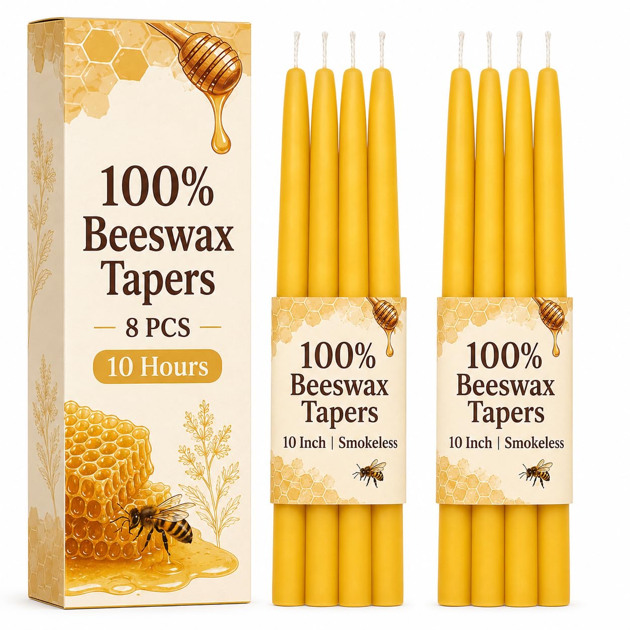 8 Pack Pure Beeswax Taper Candles, 10 Inch Beeswax Tall Candles 10Hours Long Burn - Smokeless & Dripless Candlesticks for Light, Dinner, Table Centerpieces, Home Decor
