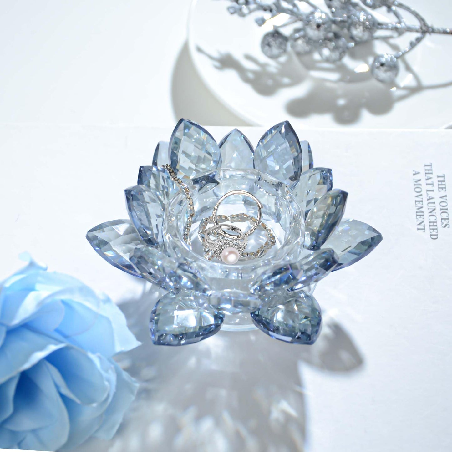 Kolnlala Crystal Lotus Flower Tealight Candle Holders/Glass Tea Light Candlestick Decor Decoration for Christmas Home Wedding Party… (Blue 2pcs)