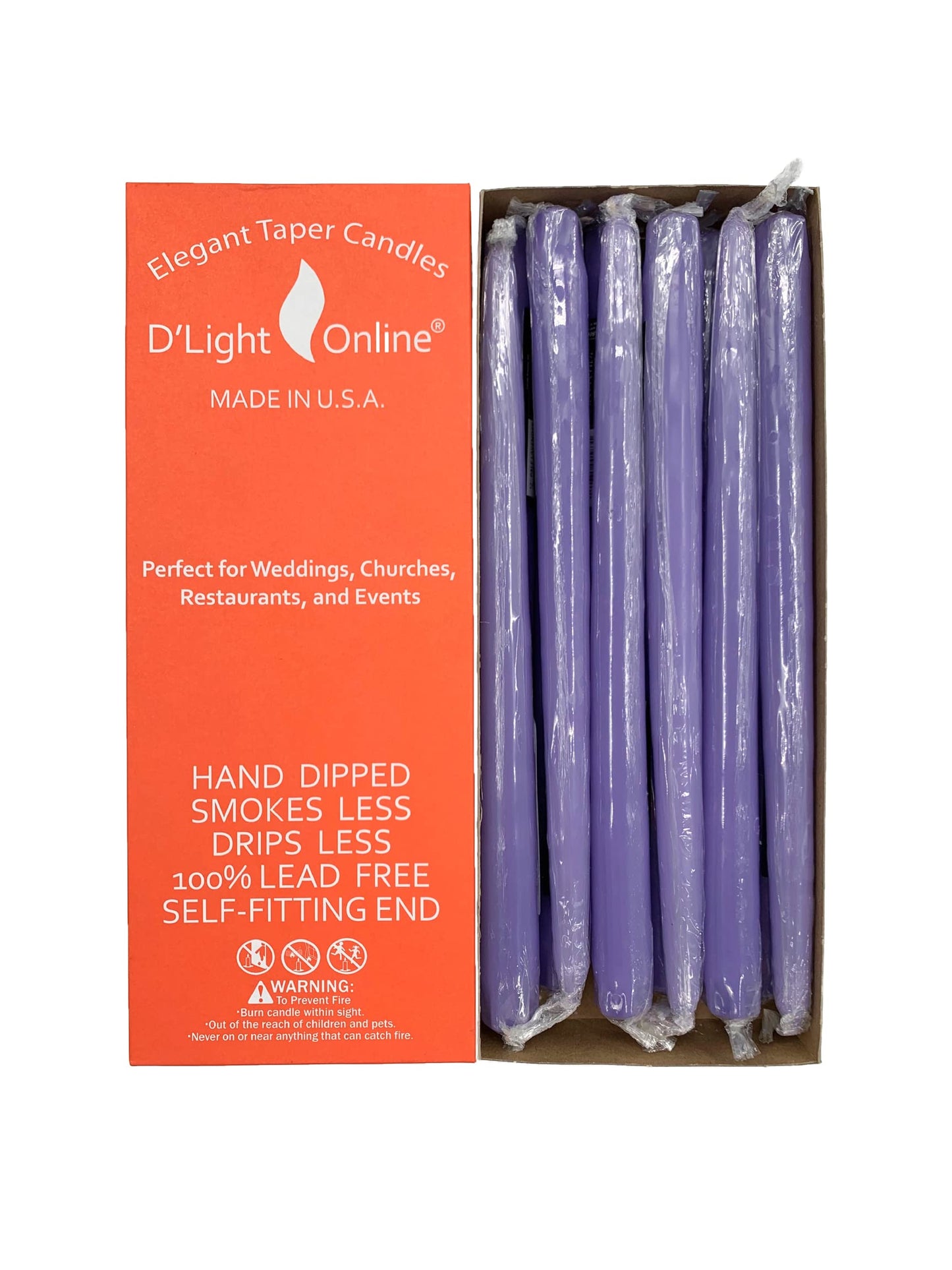 D'light Online Elegant 10" Unscented Pale Lavender Taper Candles, Premium Quality Hand-Dipped Tapered Candles, Dripless and Smokeless - Set of 12 Individually Wrapped (10 Inch, Pale Lavender)