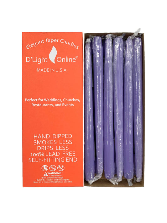 D'light Online Elegant 10" Unscented Pale Lavender Taper Candles, Premium Quality Hand-Dipped Tapered Candles, Dripless and Smokeless - Set of 12 Individually Wrapped (10 Inch, Pale Lavender)